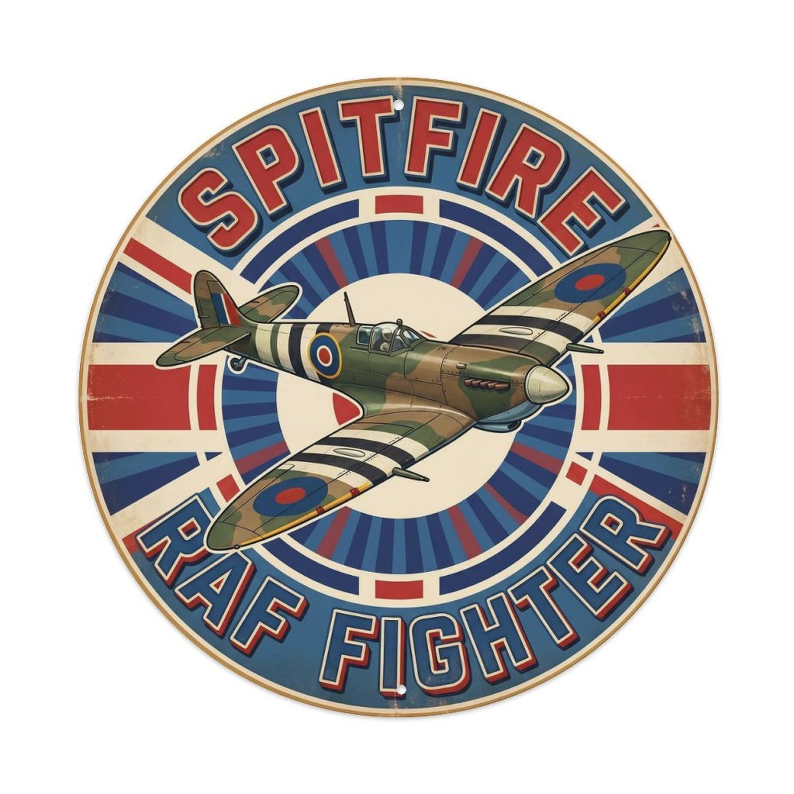 Fighter Aircraft Spitfire British WWII Military Aviation Metal Tin Sign Plaque Wall Decor for Cafe, Man Cave, Club Bar, Office, Home Garden Round Metal Poster 8x8Inch
