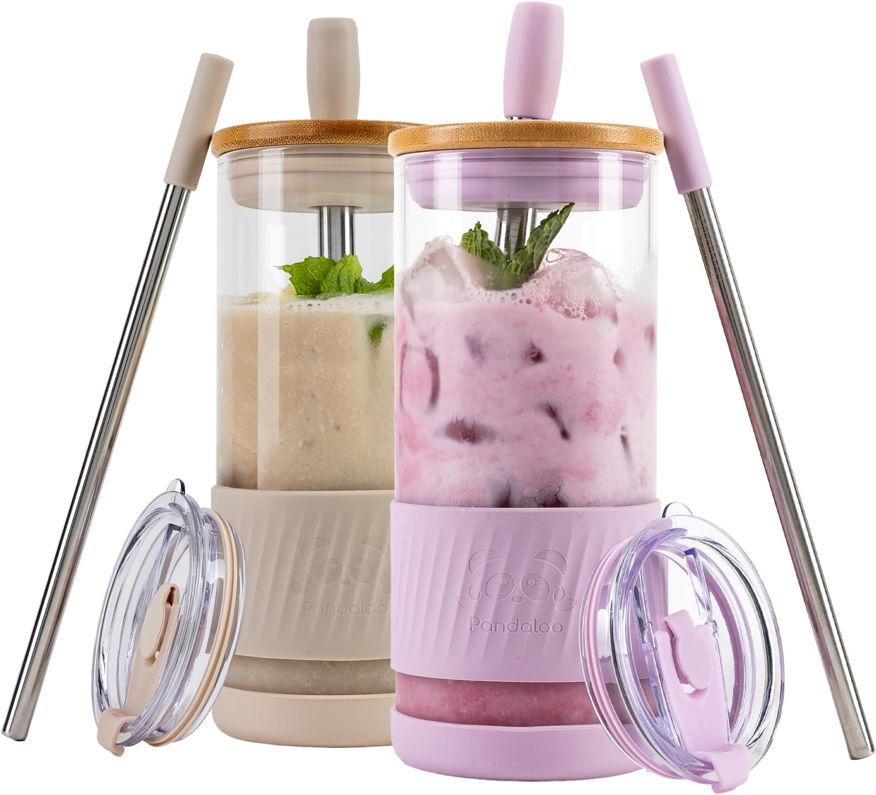 Glass Cups With Lids and Straws -20 Fl Oz- Perfect Size Iced Coffee Cup - Smoothie Cup With Bamboo Lid and On the go Lid - Glass Tumbler (2 Count (Pack of 1), Lilac-Creamy Mushroom)