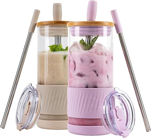 Vista 42 de Vasos de vidrio con tapas y pajitas, 20 onzas líquidas, taza de café helado, taza para batido con tapa de bambú y tapa sobre la marcha, vaso