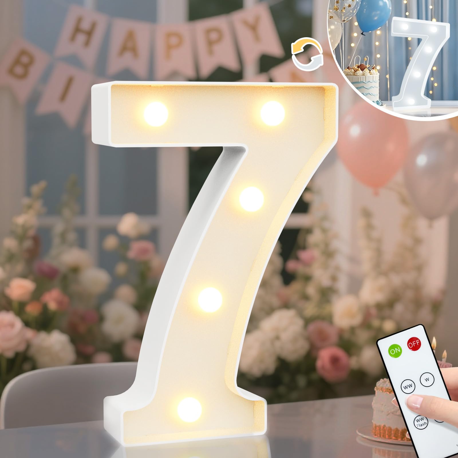 8.8" Decorative LED Light Up Numbers, Marquee Numbers Lights for 7th Birthday Decorations, Lighted Number Sign for Birthday Party Night Lights Wedding Anniversary Home Wall Decor, White Number 7 — view 79