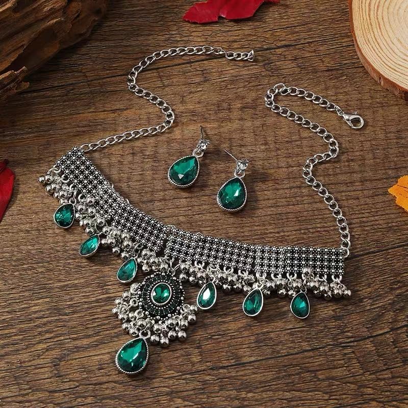 Vintage Indian Jhumka Jhumki Tassels Kundan Green Rhinestone Teardrop Necklace Earring Oxidized Silver Ethnic Jewelry Set for Women Crystal Traditional Bollywood Statement Bridal Wedding Prom Costume - Image 5
