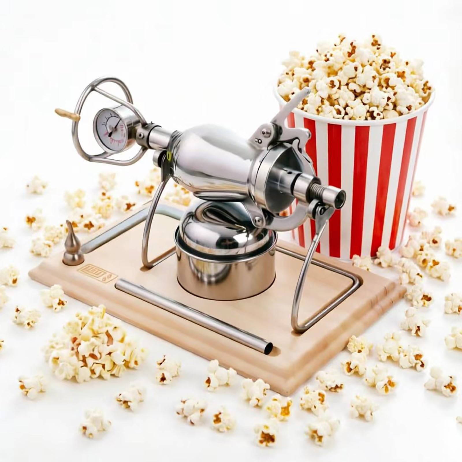 Máquina de palomitas de maíz manual, cañón de palomitas de maíz chino de acero inoxidable 304 máquina de palomitas de alta presión con válvula doble noches de cine camping (500ml)