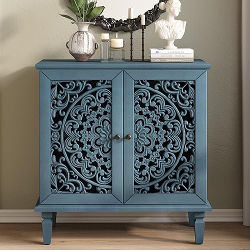 Armario de buffet con 2 puertas y 1 estante, aparador tallado de madera con hueco tallado pequeño armario de almacenamiento de acento de barra de