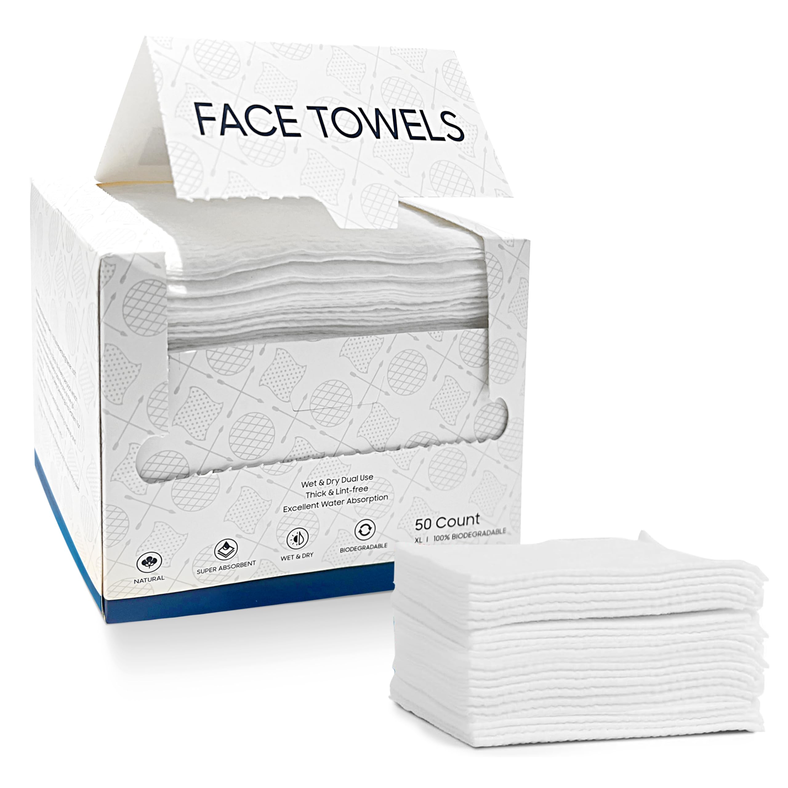 Disposable Facial Cleansing Dry Towels for all skin types (Sensitive Skin, Makeup Removal) for Daily Use (Cleansing, Nursing, Traveling). 50 counts in a box.