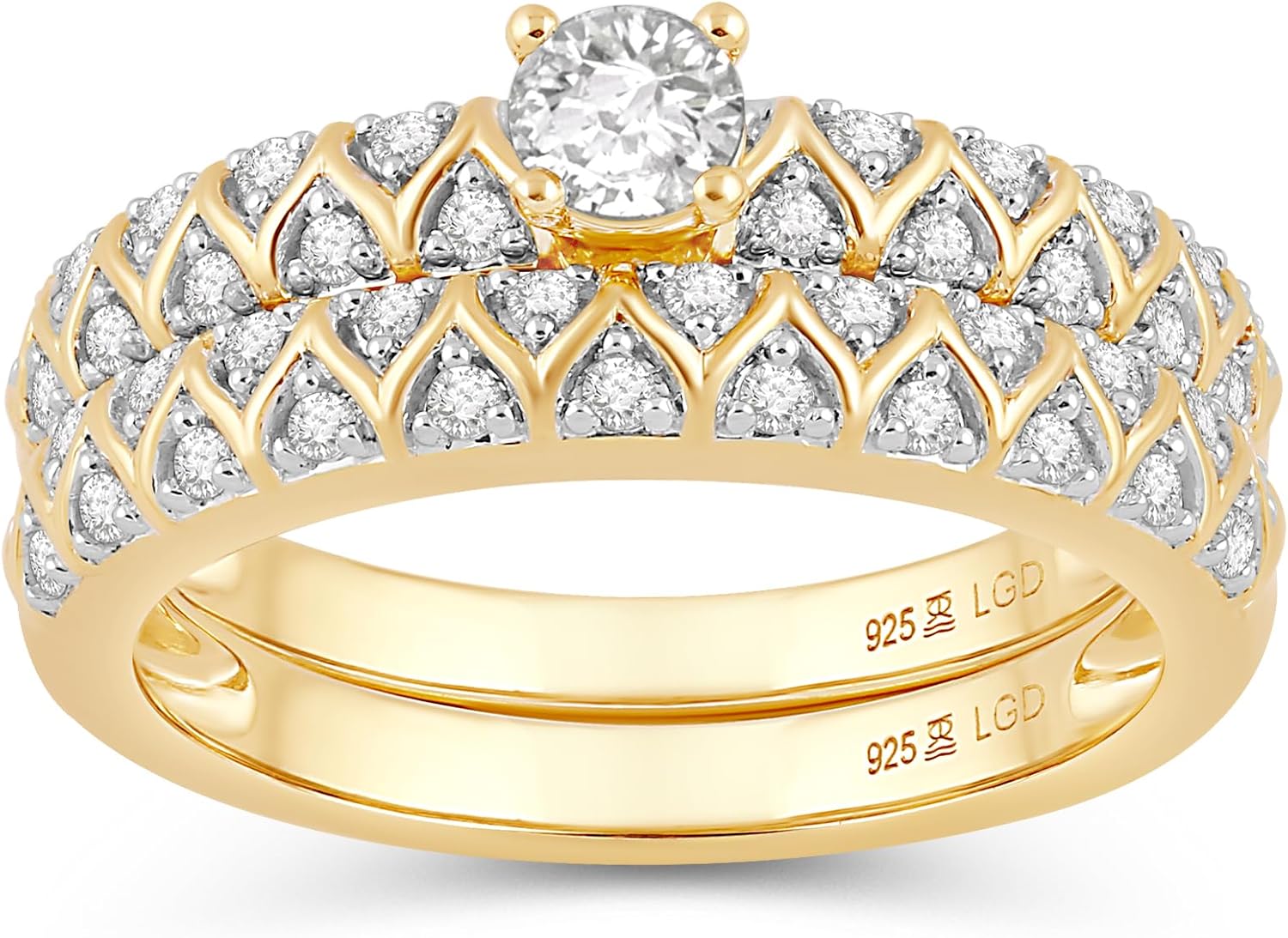 Jewelili 925 Sterling Silver Yellow Gold Plating Diamond Ring for Women | 0.50 CTW Round Wedding Engagement Rings | Lab Grown Diamond Ring | Size 6,7 & 8