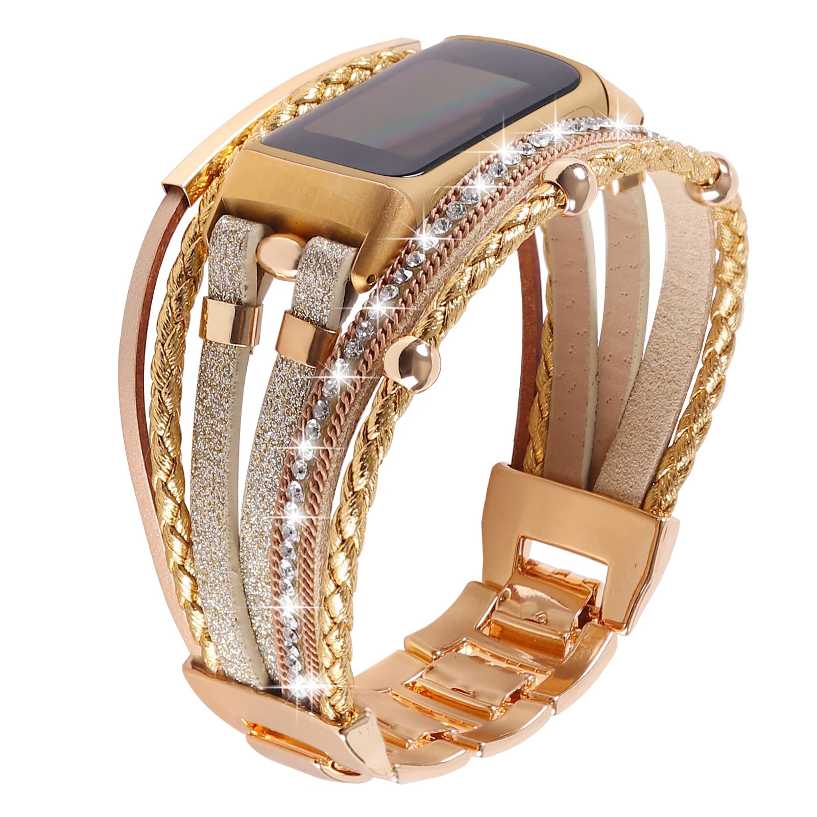 Leather Bands Compatible with Fitbit Charge 6/Charge 5 Bands for Women, Boho Handmade Multilayer Wrap Bracelets Jewelry Strap Replacement for Charge 6/Charge 5 Fitness Tracker