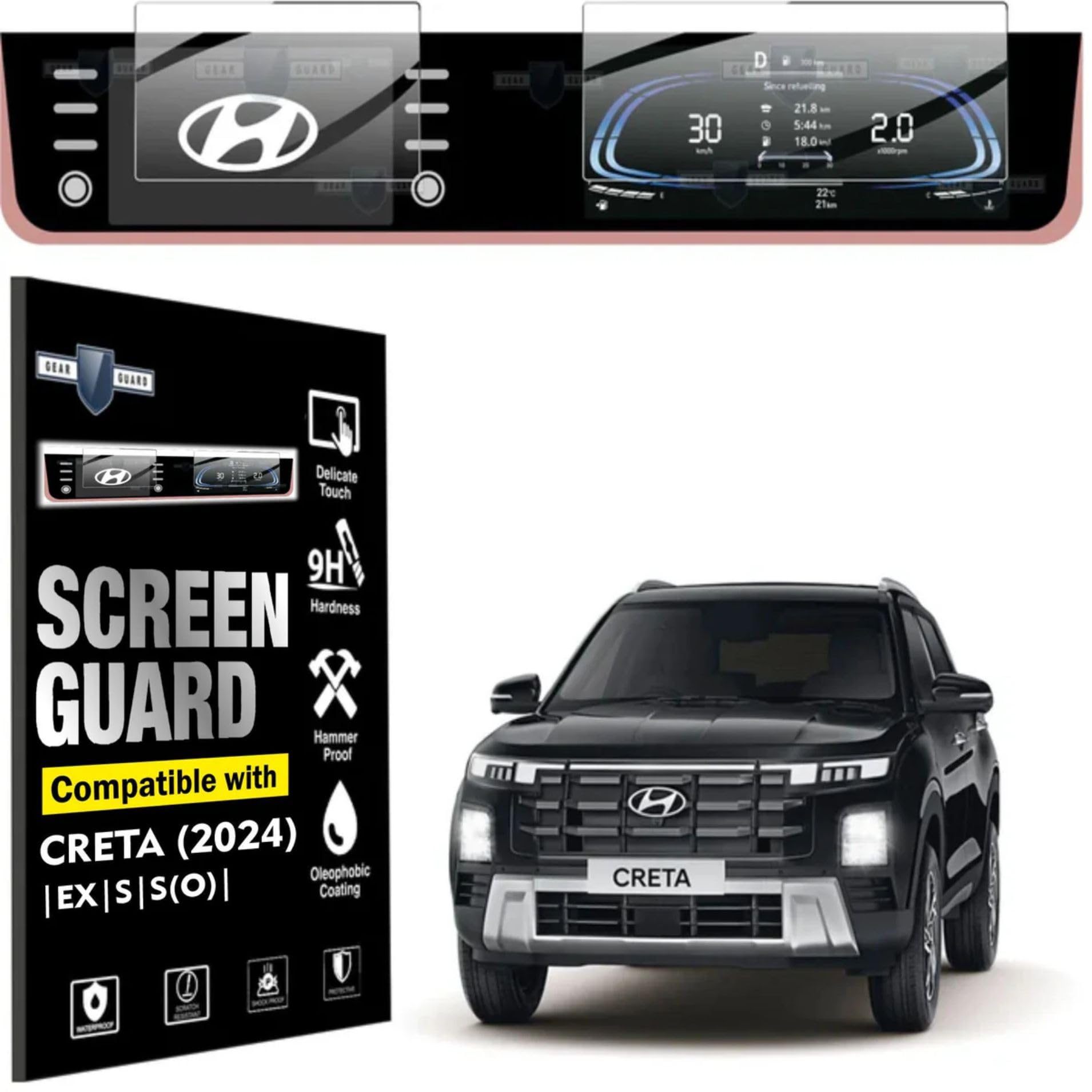 Gear Guard Screen Protector For Hyundai 2024 Creta Facelift EX, X, S(O) Car Accessories 8"inch Infotainment System and 10.25"inch Speedometer (MID) - Clear