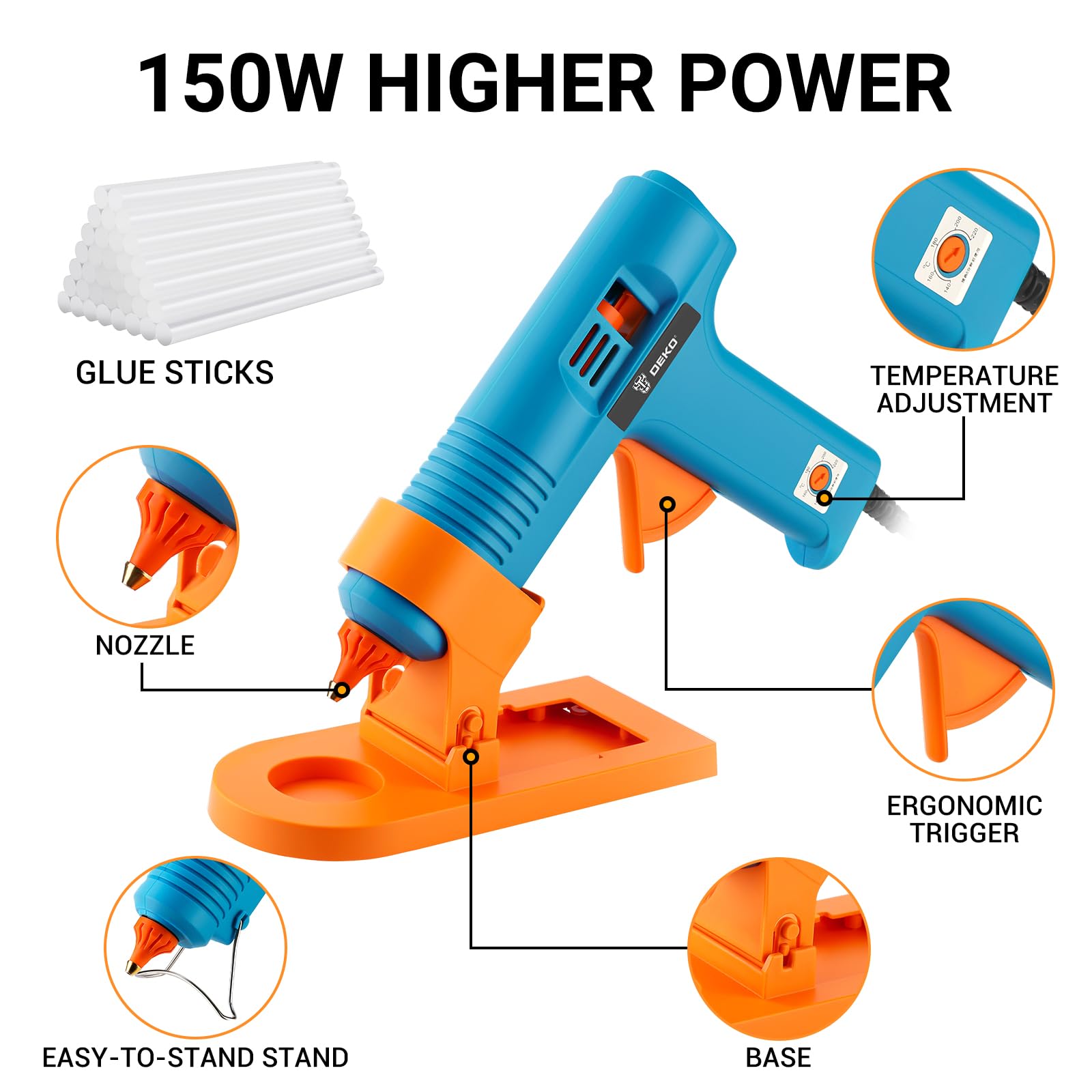 DEKOPRO 150W Pistolet à Colle Chaude: Pistolet à Colle Électrique Compact avec Plateau de Support et 35 Barres de Colle, pour DIY, Arts, Bricolage, Bureau, École, Réparations Maison