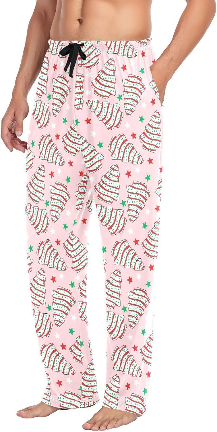 Pink Christmas Tree Cake Pajamas for Men Cotton Stars Lightweight Men's Pajama Bottoms Mens Sweatpants Sleepwear Night Pants for Men X-Large