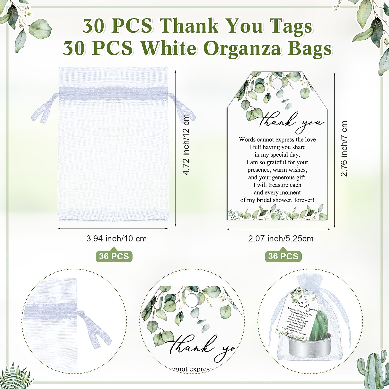 MTLEE 30 Sets Brautparty-Geschenke für Gäste, inklusive 30 Kaktus-Kerzen, Sukkulentenkerzen, Pflanzen-Teelichter, 30 grüne Dankesanhänger, 30 Organza-Beutel, Brautparty-Geschenke, Hochzeitsgeschenke