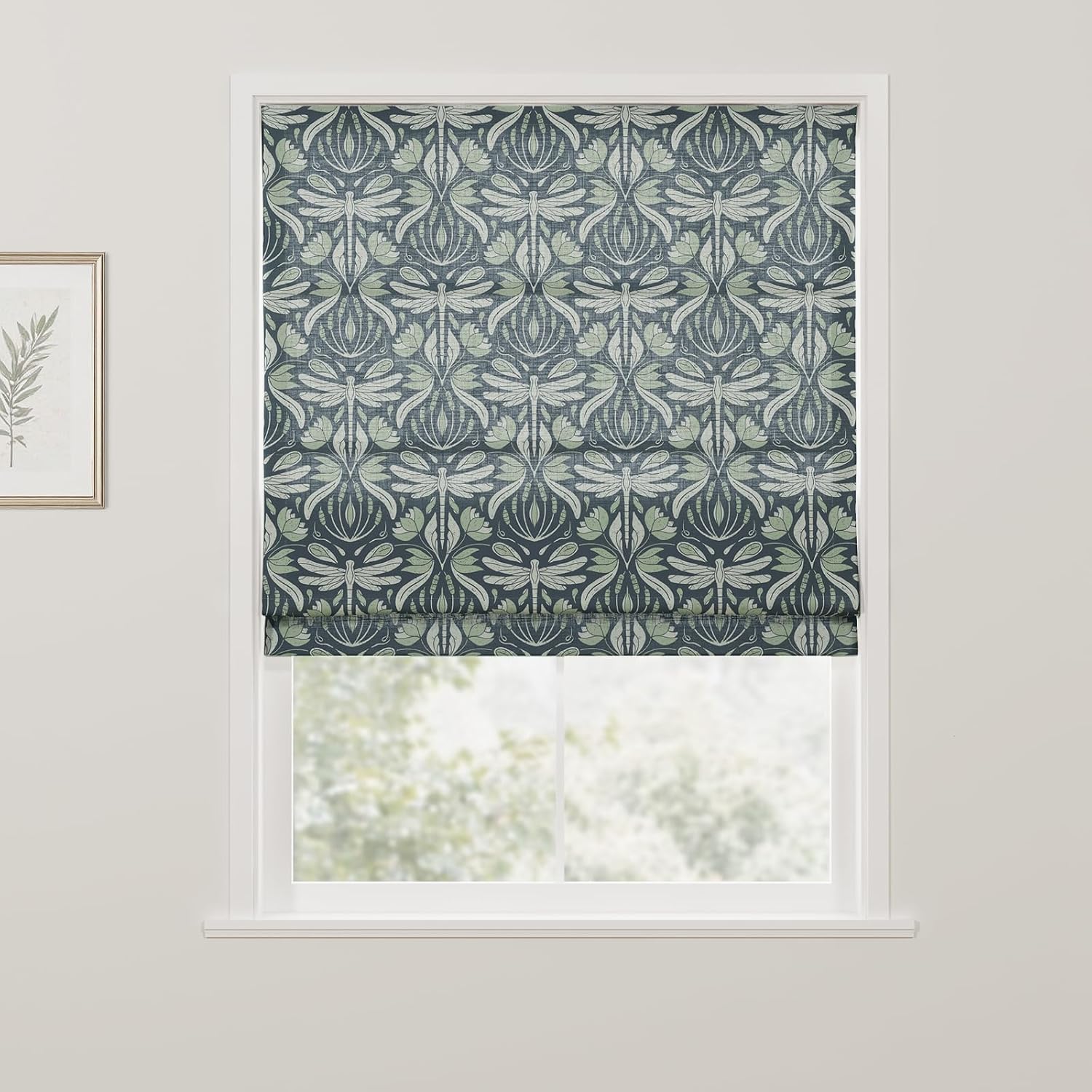 TWOPAGES x Kate Frost Dragonfly Patterned Roman Shades for Indoor Window,Custom Cotton Cordless Roman Blinds for Bedroom Living Room Bathroom French Door