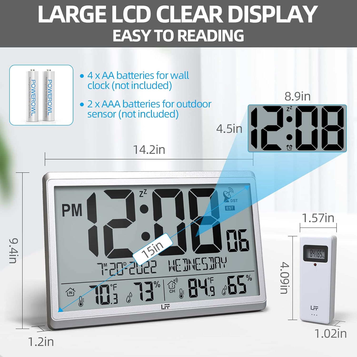 LFF Atomic Clock/Never Needs Setting, Digital Wall Clock with Indoor Outdoor Temperature & Humidity, Battery Operated, Wireless Outdoor Sensor, Atomic Wall Clock with 4.5" Numbers Easy-to-Read