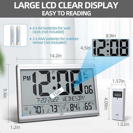 LFF Atomic Clock/Never Needs Setting, Digital Wall Clock with Indoor Outdoor Temperature & Humidity, Battery Operated, Wireless Outdoor Sensor, Atomic Wall Clock with 4.5 Numbers Easy-to-Read