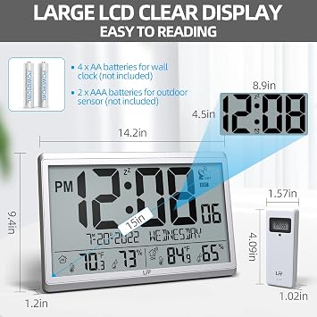 LFF Atomic Clock/Never Needs Setting, Digital Wall Clock with Indoor Outdoor Temperature & Humidity, Battery Operated, Wireless Outdoor Sensor, Atomic Wall Clock with 4.5 Numbers Easy-to-Read