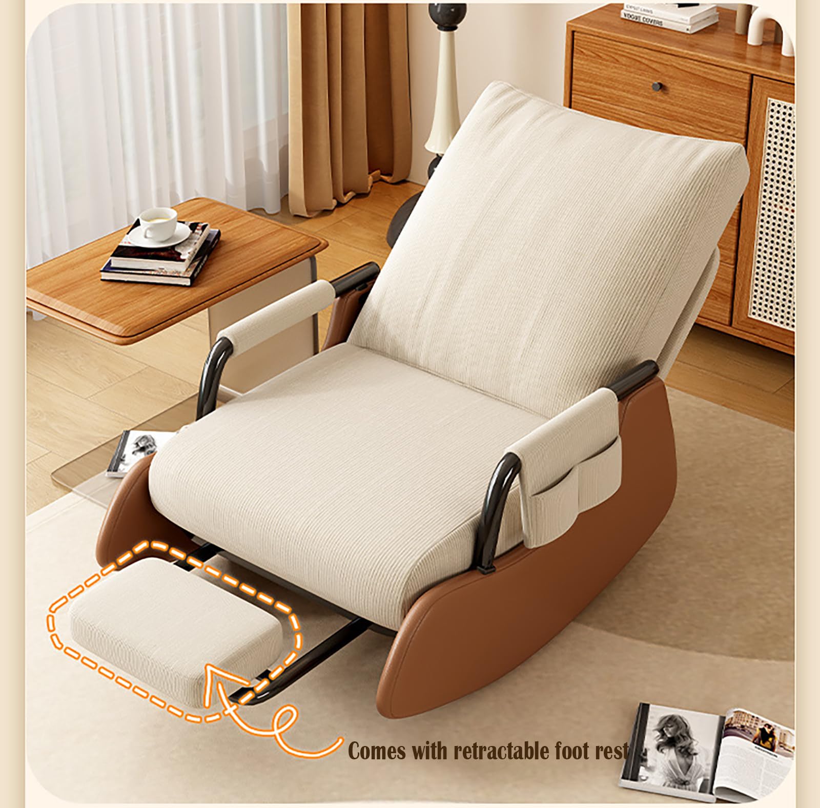 Sedia a dondolo per allattamento con funzione dormiente e tasca laterale, comoda poltrona per soggiorno e camera da letto, base in legno e poggiapiedi pieghevole (bianco + grigio)