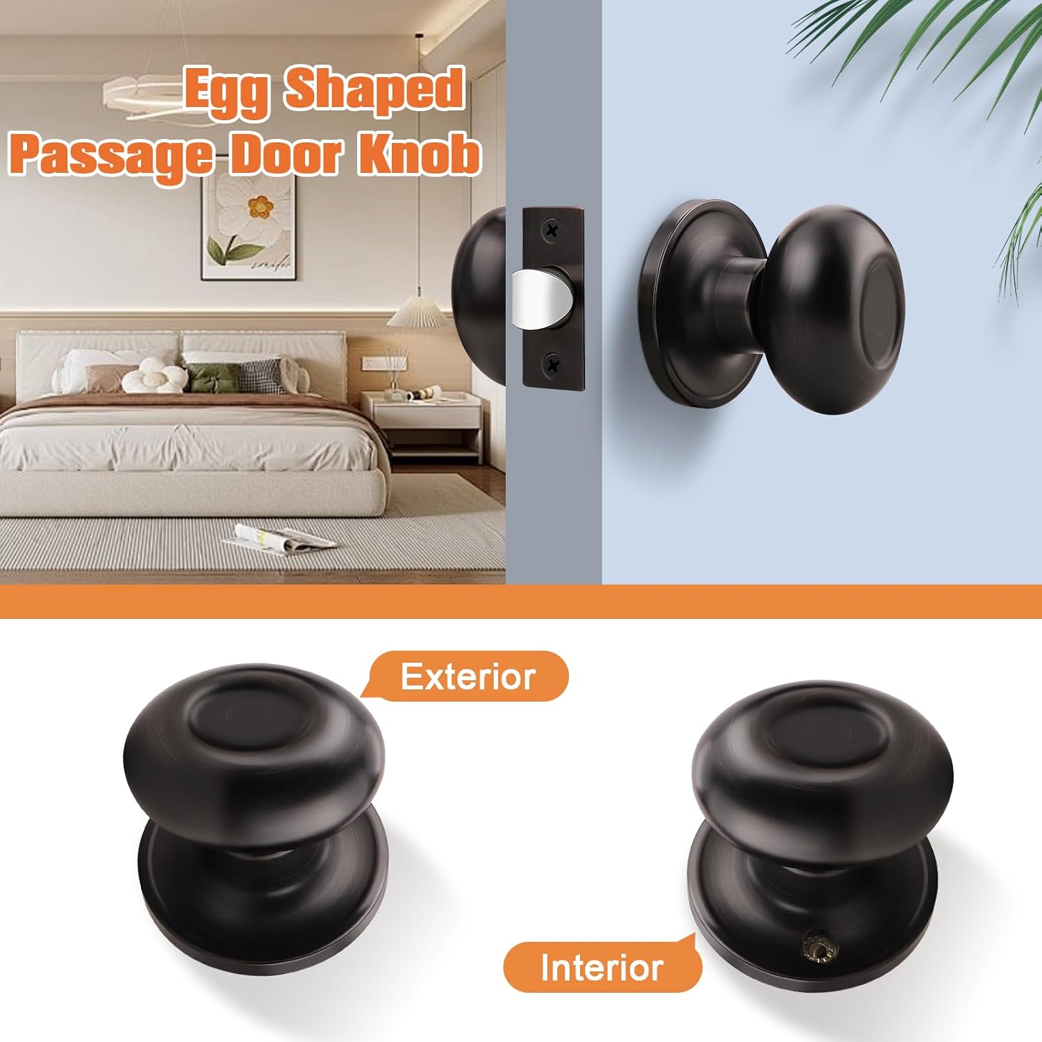 Gobrico 5 Pack Egg Shaped Passage Door Knobs Oil Rubbed Bronze Interior Locksets Oval Style Door Knobs Stainless Steel Door Handles for Hall and Closet