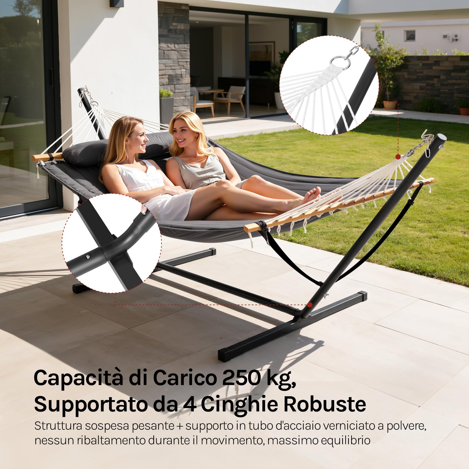 WOLTU Amaca da Giardino con Supporto, Tasca Laterale e Cuscino, Capacità di Carico 250 kg, Ampia Amaca Doppia per Terrazza, Balcone, Campeggio, Grigio Scuro