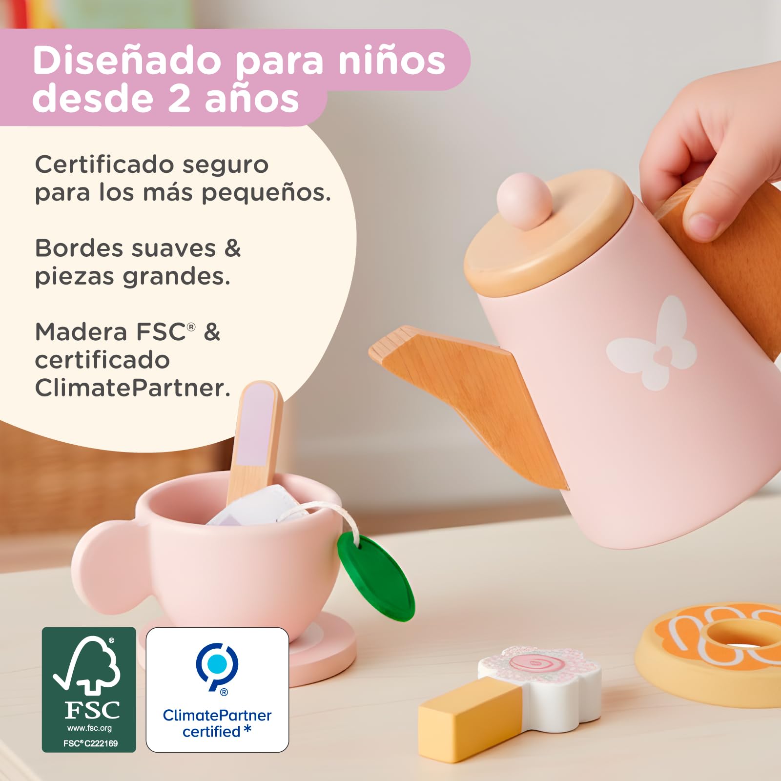 Nene Toys Set de Té de Madera para Niños 2 Años – Juego de Té 18 Piezas con Tetera, Bandeja, 2 Tazas & Cucharitas, Bolsitas de Té & Dulces – Juego Simbólico Montessori, Madera FSC® – Juguete 2–5 Años