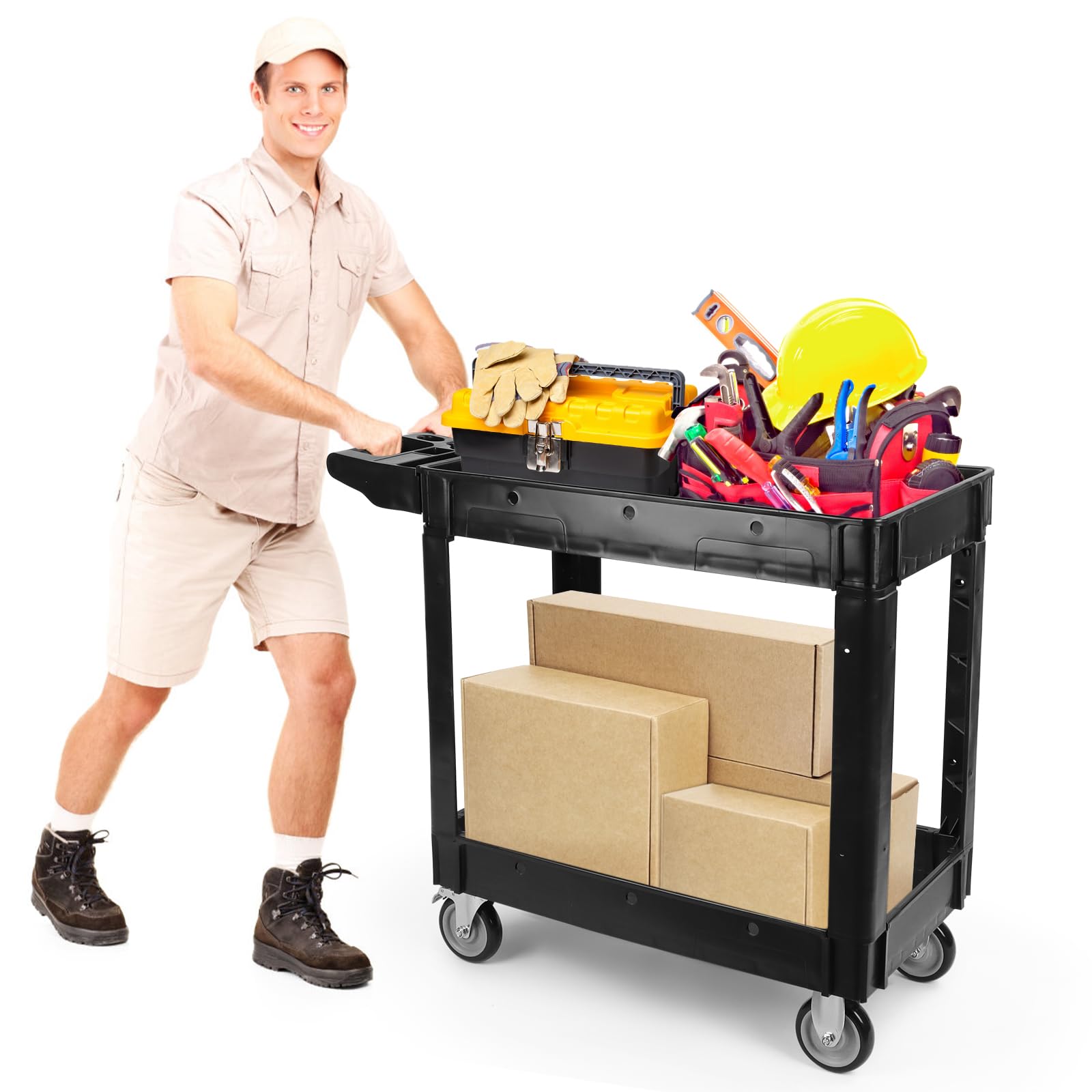 (defective, it’s broken) Lanstics 500lbs Heavy Duty Utility Cart on Lockable Wheels, 2-Tier Extra Capacity Rolling Trolley Cart Multi-Purpose Service Cart with Handle Black Storage Organizer Mobile Tool Cart for Warehouse