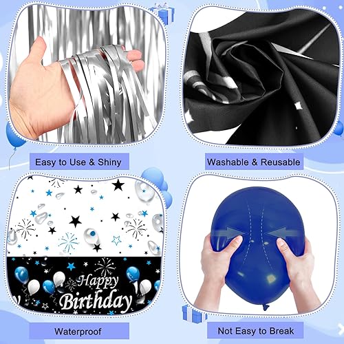 Miniatura 6 de Decoraciones de cumpleaños azules y negras para hombres y mujeres, 62 piezas de decoraciones de feliz cumpleaños para niños y niñas, suministros de