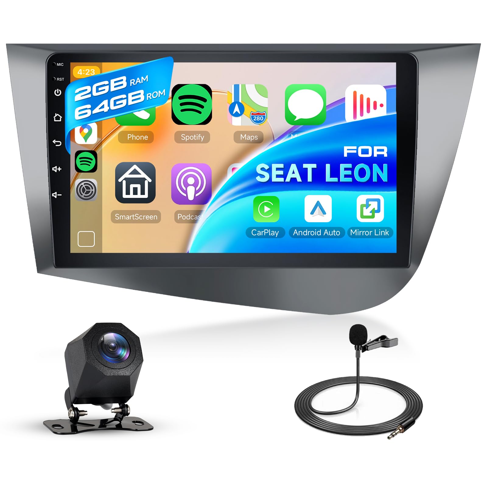 Hodozzy 2G+64G Radio para Seat Leon 2005-2012 con Carplay Android Auto Inalámbrico, Reproductor 2 DIN 9 Pulgadas Pantalla Táctil Radio Coche con GPS Bluetooth WiFi FM/RDS Cámara para Seat Leon 2 MK2