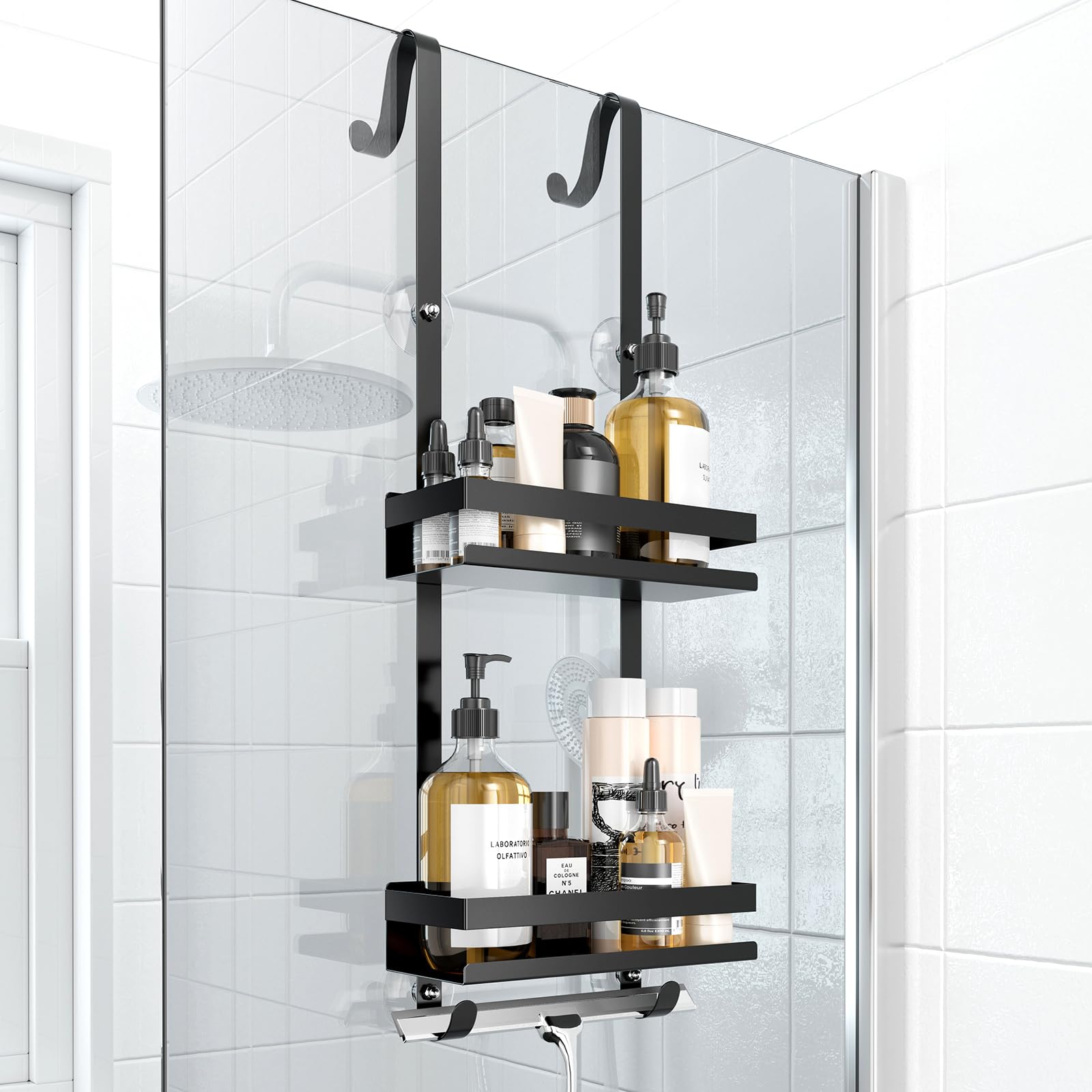 Over the Door Shower Caddy, Hanging Shower Organizer Shelf Basket Storage Rack for Frameless Glass Black Shower Caddy Hanging, Bathroom Organizers, Shower Shelves Bathroom Accessories Set,