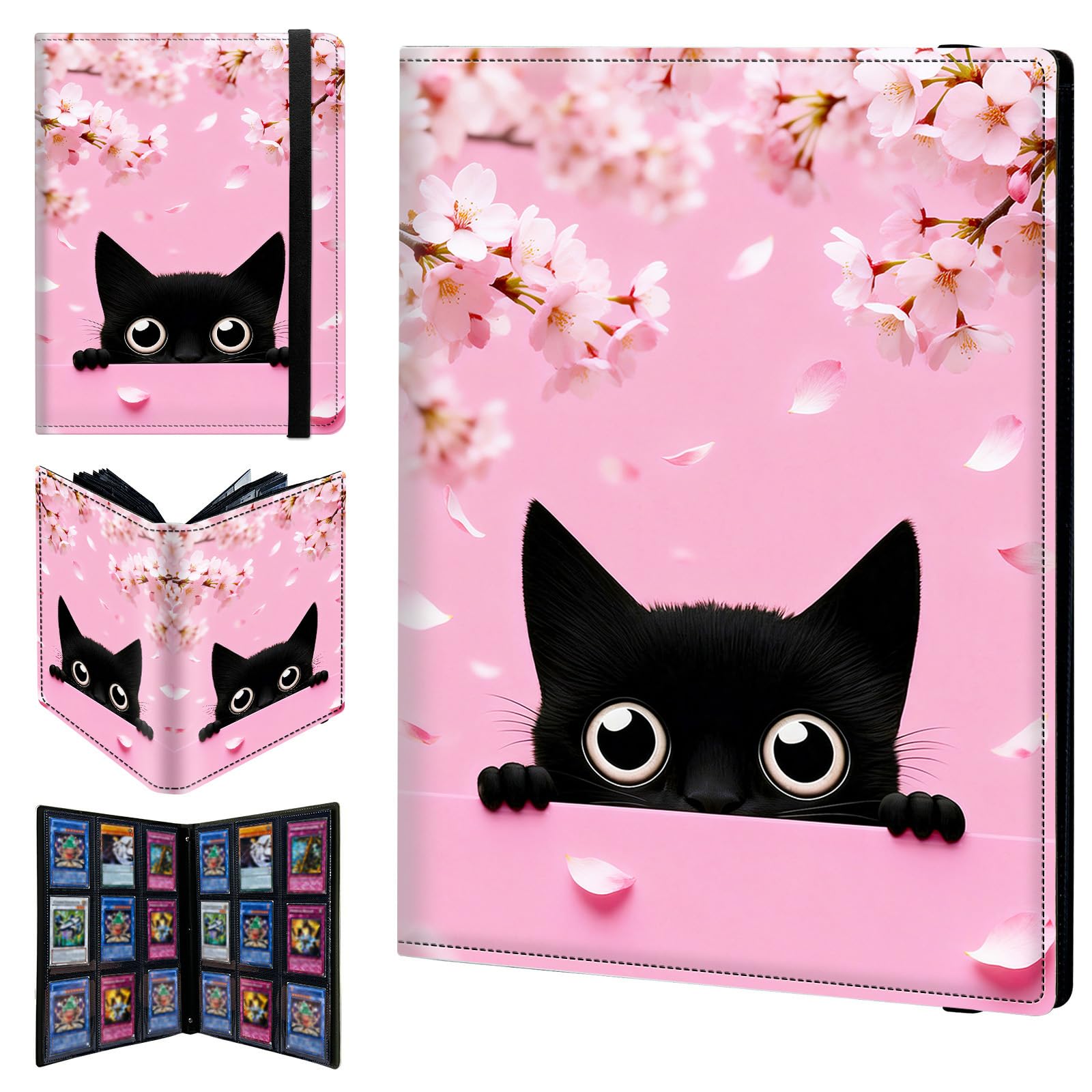 9 Pocket Trading Card Binder 540 Side Loading Pocket Album with Pink Cherry Blossoms and Cat Pattern Design Card Binder for Sports Cards & Game Cards