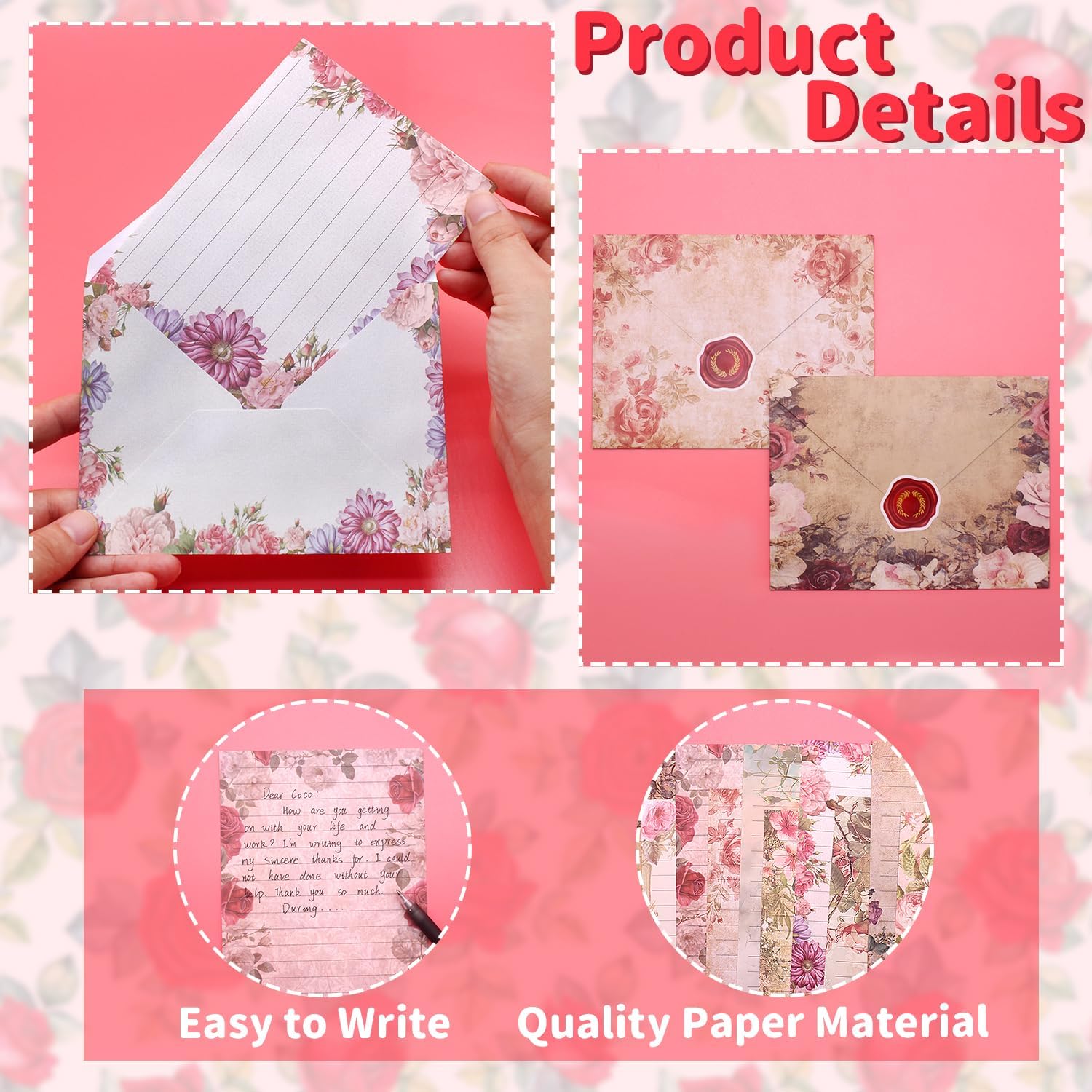160 Pcs Stationery Paper Set Including 50 Matching Envelopes 50 One Sided Stationery Writing Papers 60 Round Dot Sticker for School Office Supplies,10 Design, 5.5 x 8.25 Inch(Vintage Floral) image 3 of 7 B0FHT5K534