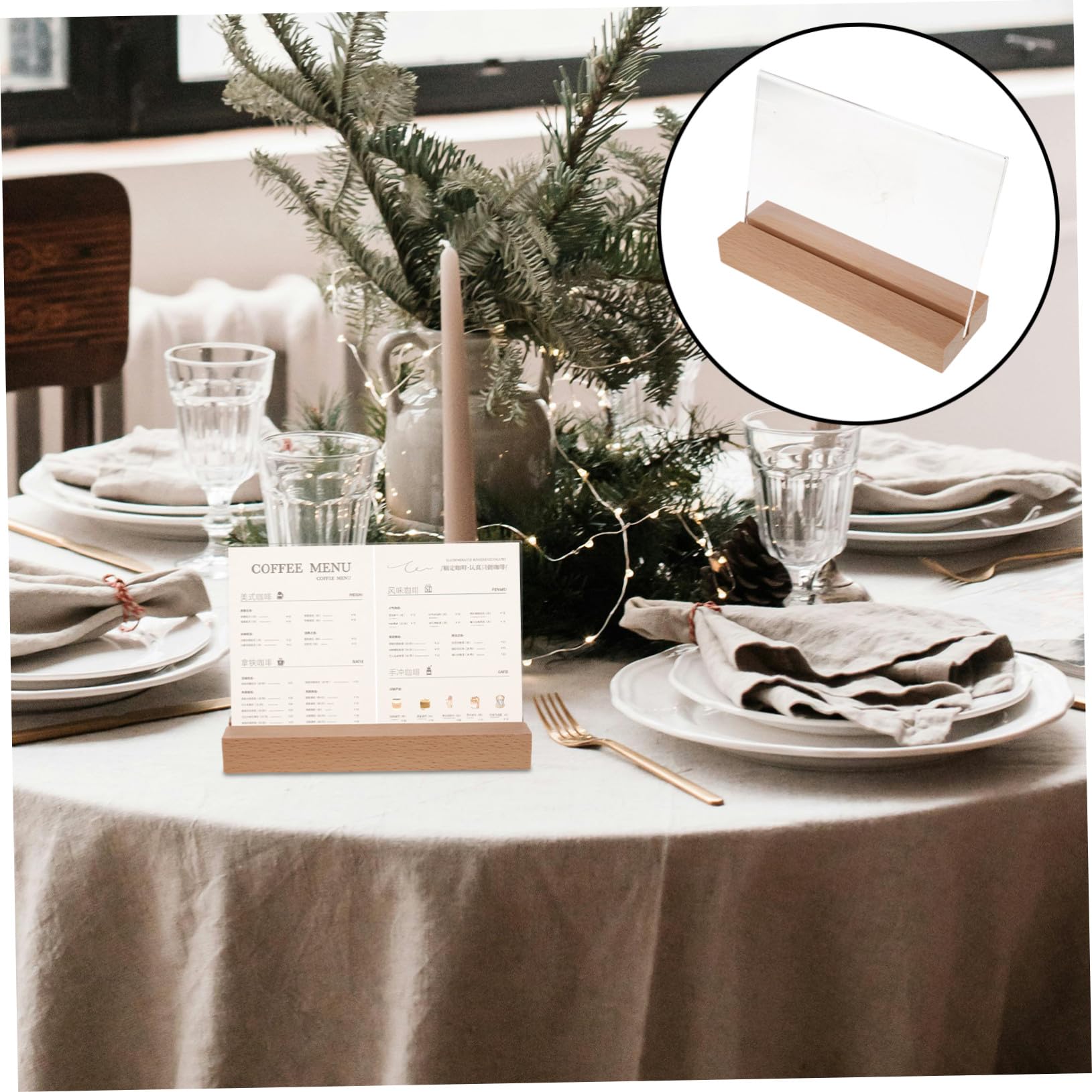 SHINEOFI 5pezzi Porta Biglietti da Visita in Acrilico Trasparente con Base in Legno Espositore per Menu Cartelli da Tavolo Supporto per Foto Display da Ufficio e Ristorante