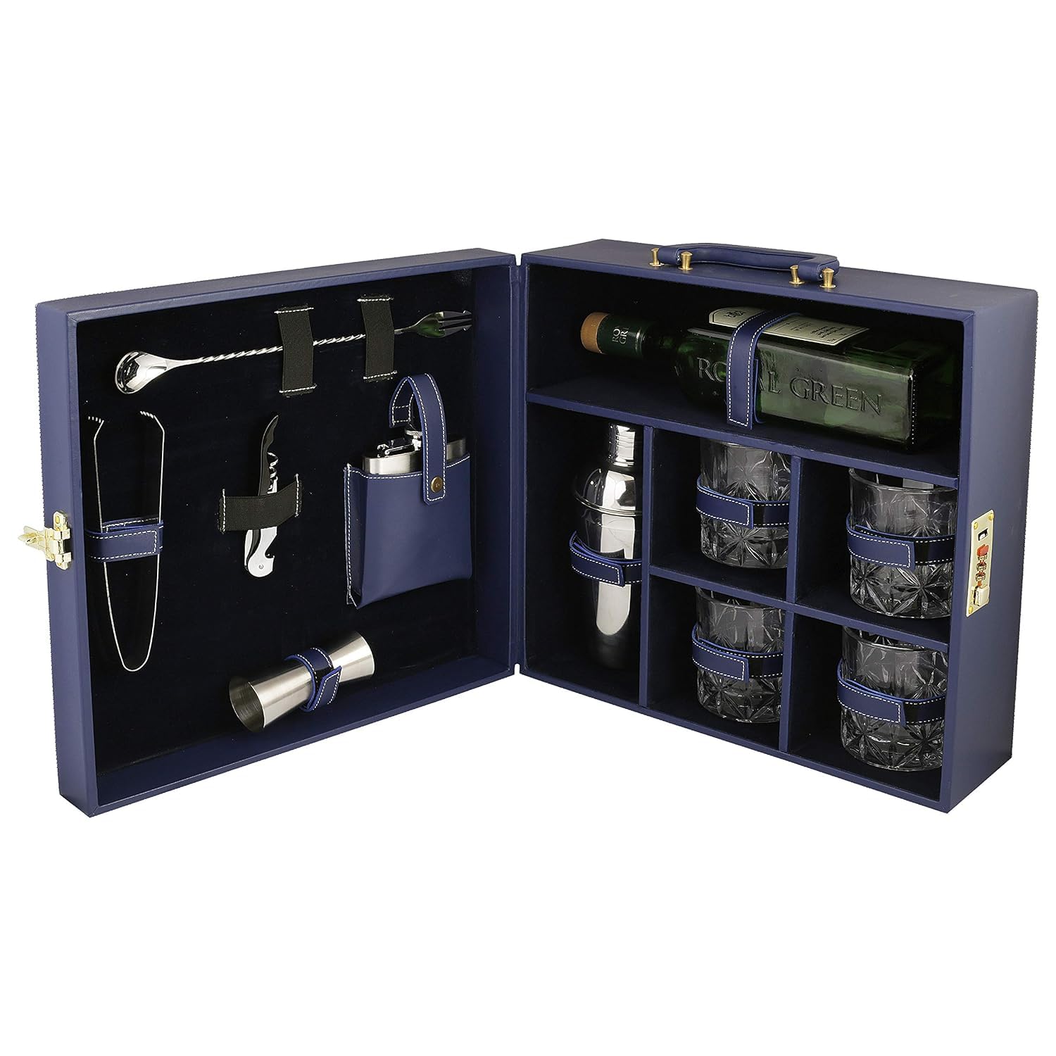 Mallette de bar en similicuir bleu avec shaker et 4 verres exclusifs