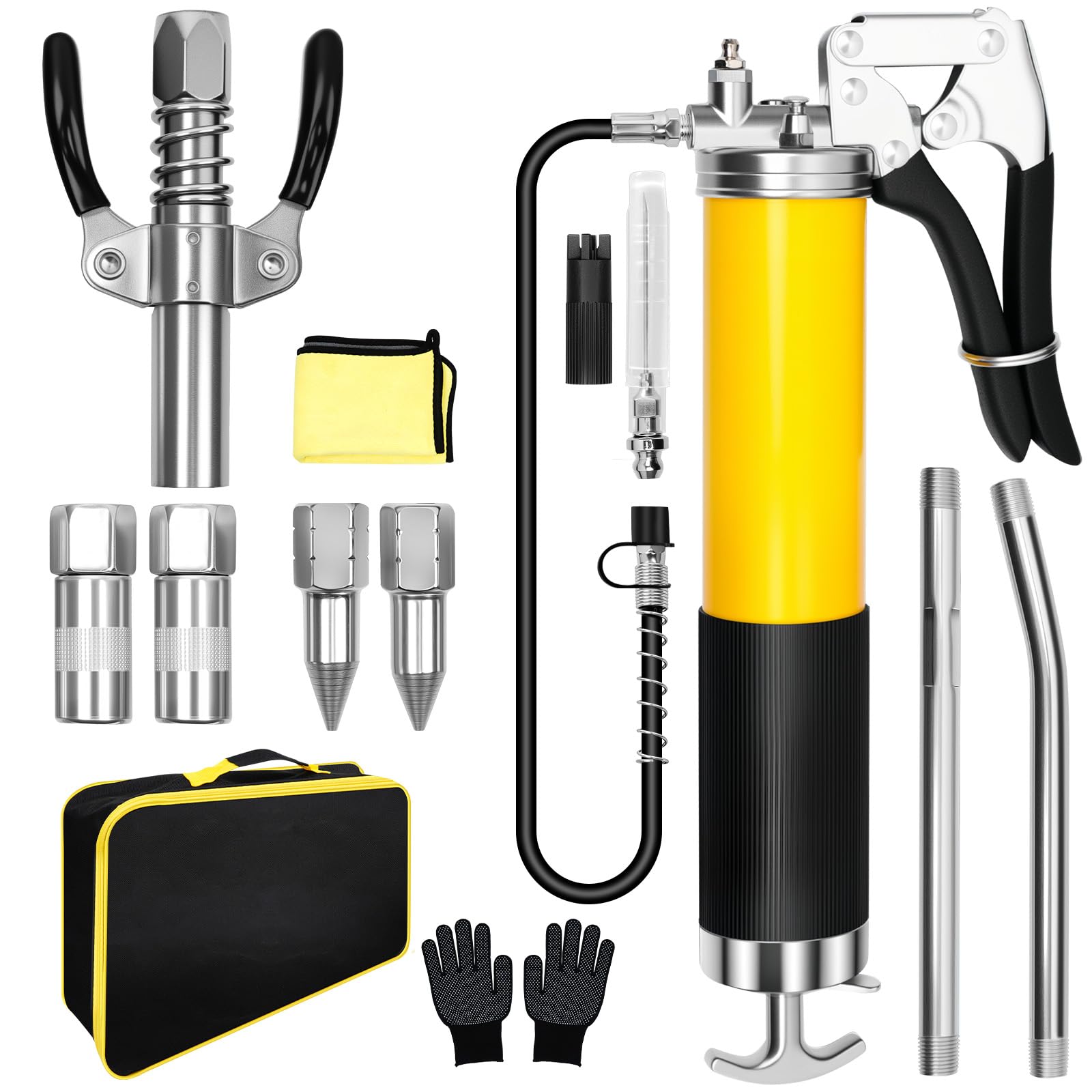 14Pcs Grease Gun Kit 7000 PSI – 14 oz Manual Grease Gun with 18" Flex Hose, Quick Coupler, Precision Tips, Gloves, Towel, Storage Bag, and All Necessary Accessories for Automotive, Marine, Machinery