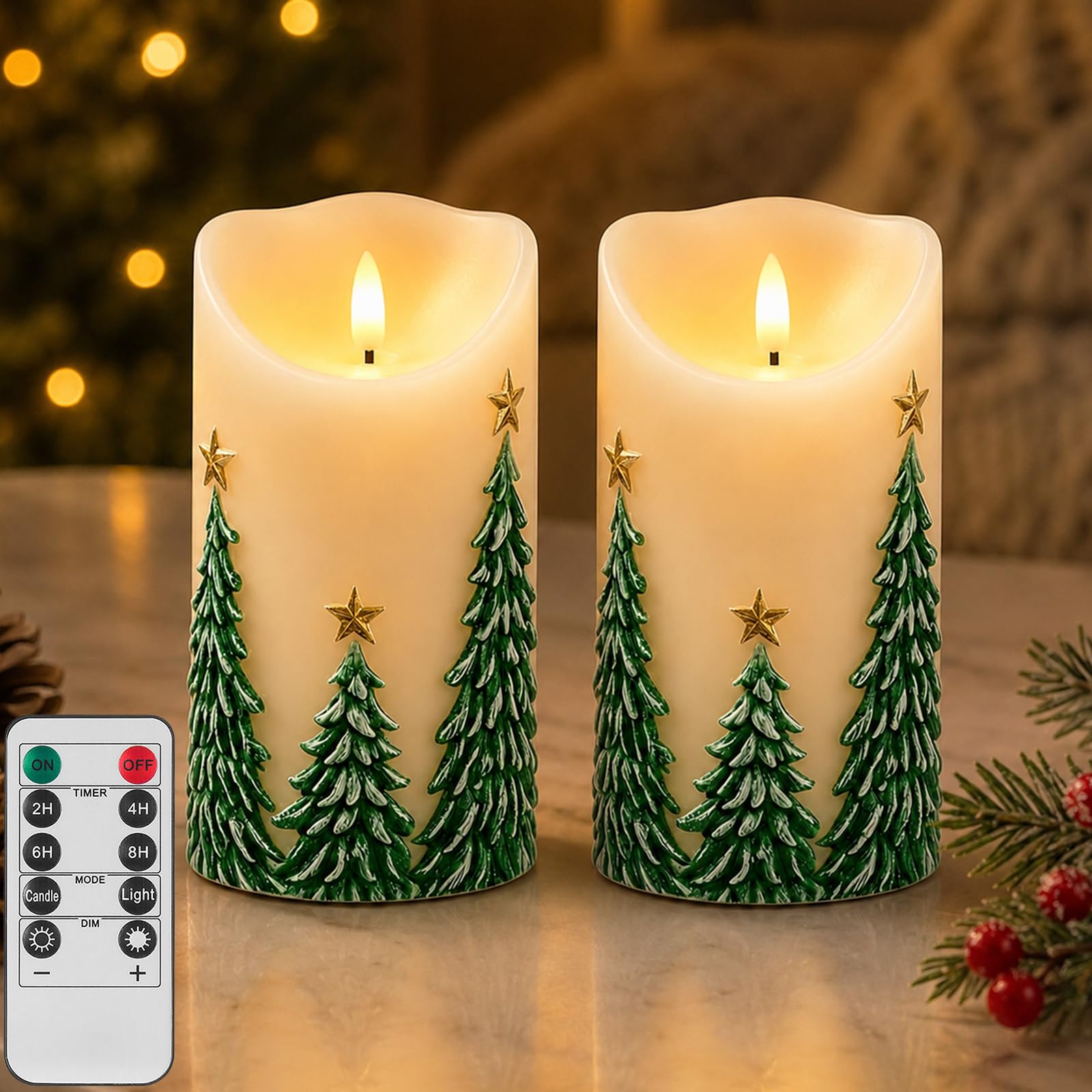Plmmperation Christmas Flameless Candles Light, 2Pack Xmas Tree LED Candle with Remote & Timer, Dimmable Real Wax Electric Candles Battery Operated, Candle for Festival Decorations (Green Xmas Tree)