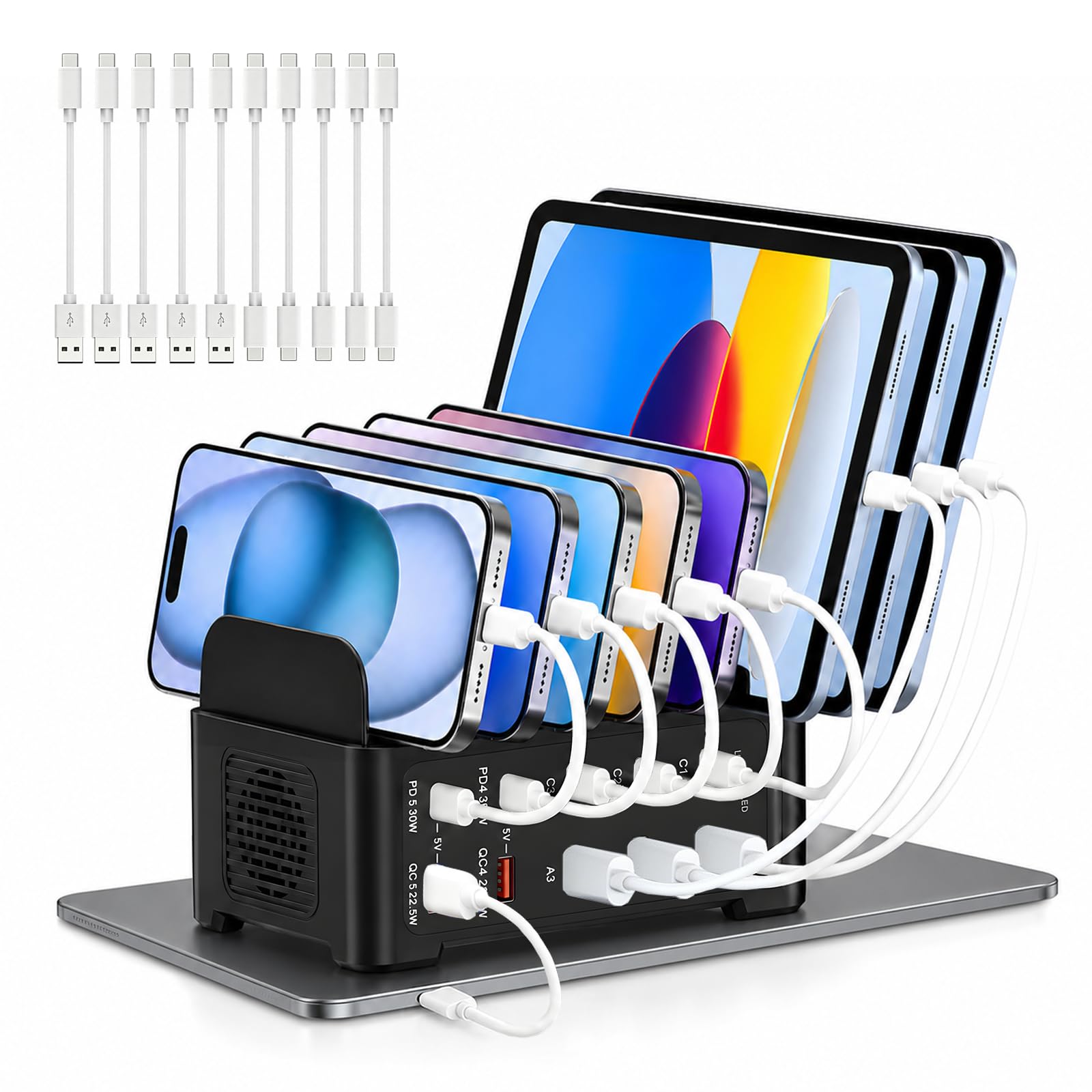Stazione di Carica USB C, Stazione di Ricarica Rapida a 10 Porte 120W con 5 USB C e 5 USB A, Caricatore Multiplo Smartphone con Ventola di Raffreddamento, Caricabatteria per Telefoni, Tablet e Altri