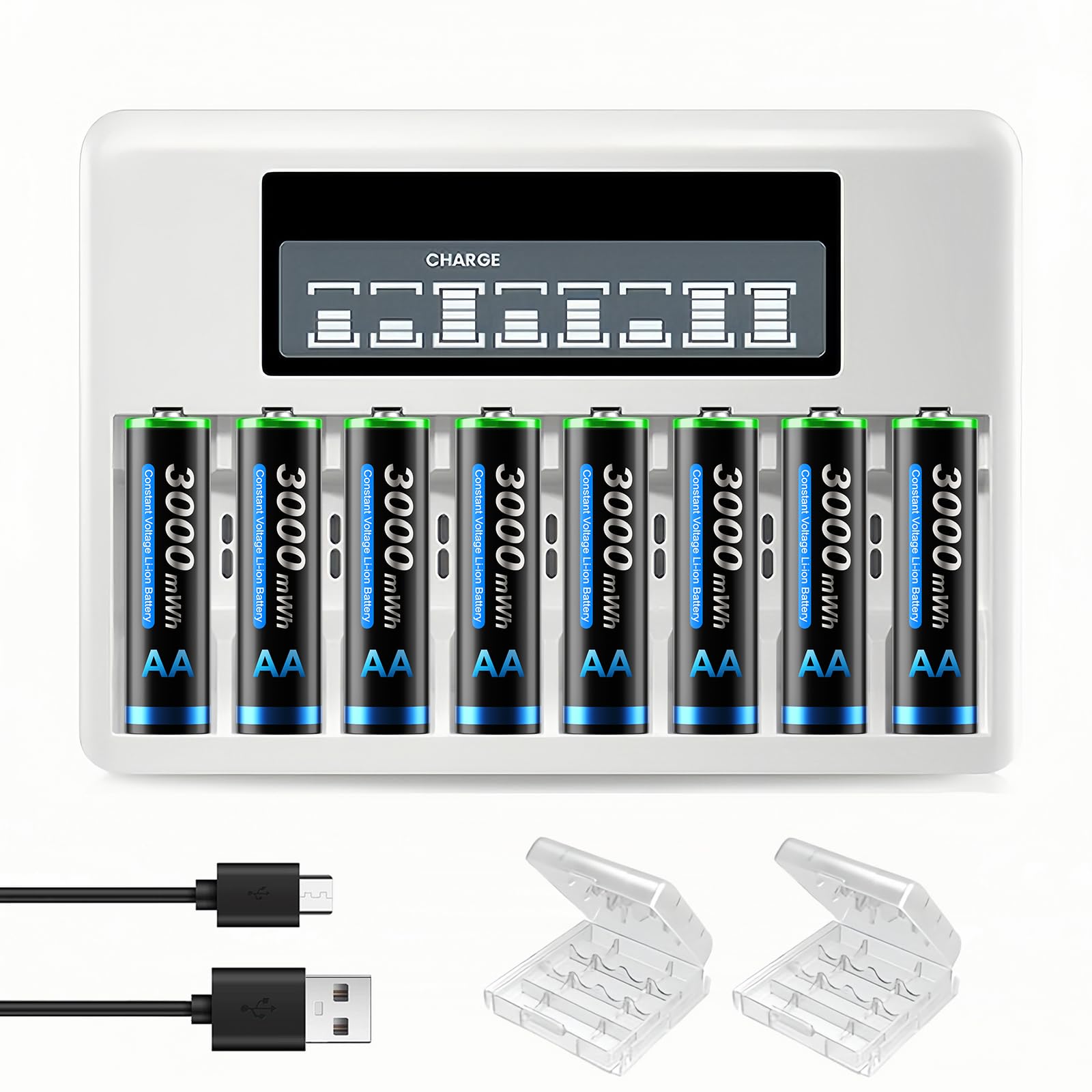 CITYORK 8 Pack Rechargeable AA Lithium Batteries with 8 Bay Charger, 8 Pack 1.5 V Rechargeable AA 3000mWh Lithium Battery with 8 Bay LCD Fast Battery Charger