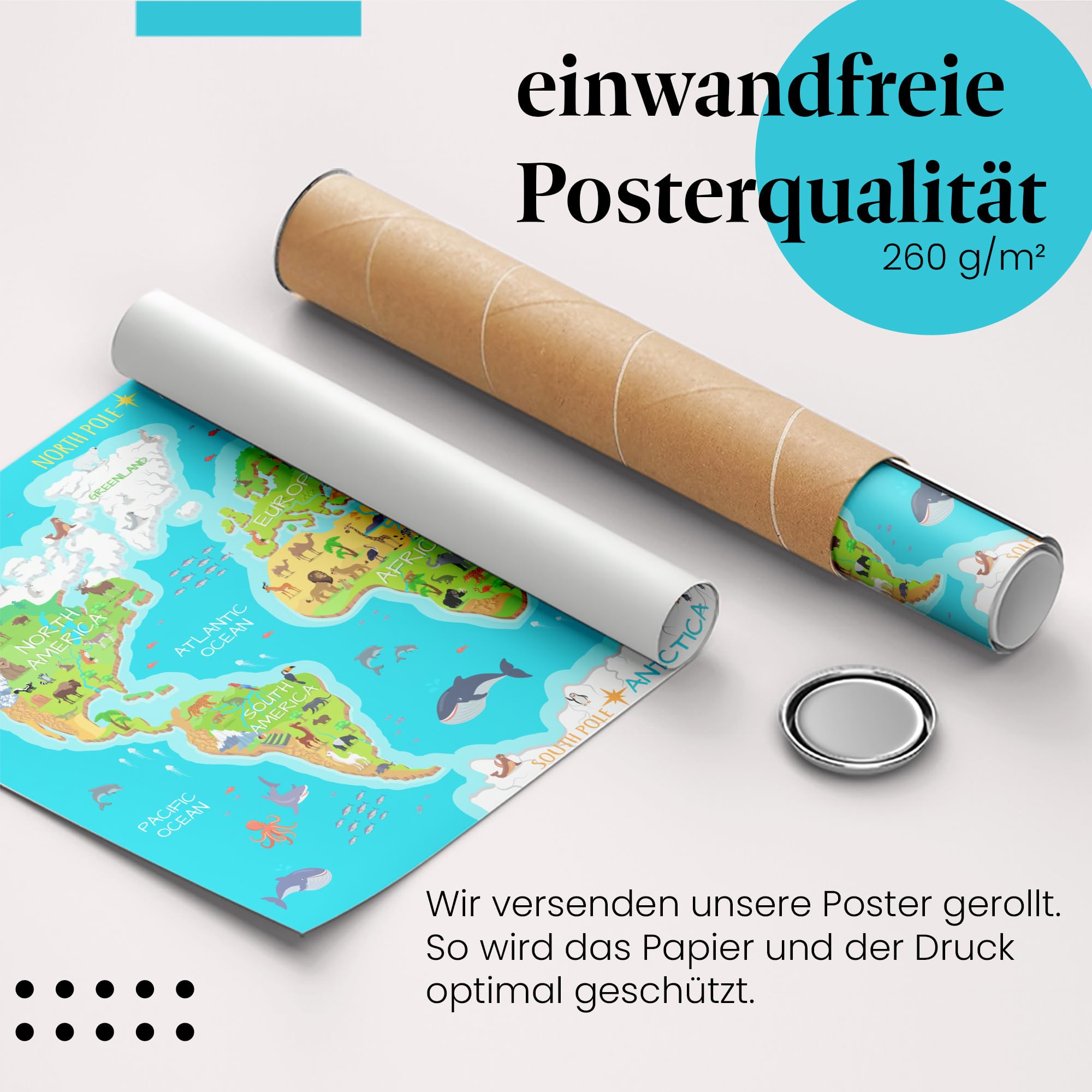 Postereck - 0863 - Weltkarte, Kinder Tiere Kontinente Lernen Schule - Unterricht Klassenzimmer Schule Wandposter Fotoposter Bilder Wandbild Wandbilder - Leinwand - 75,0 cm x 50,0 cm