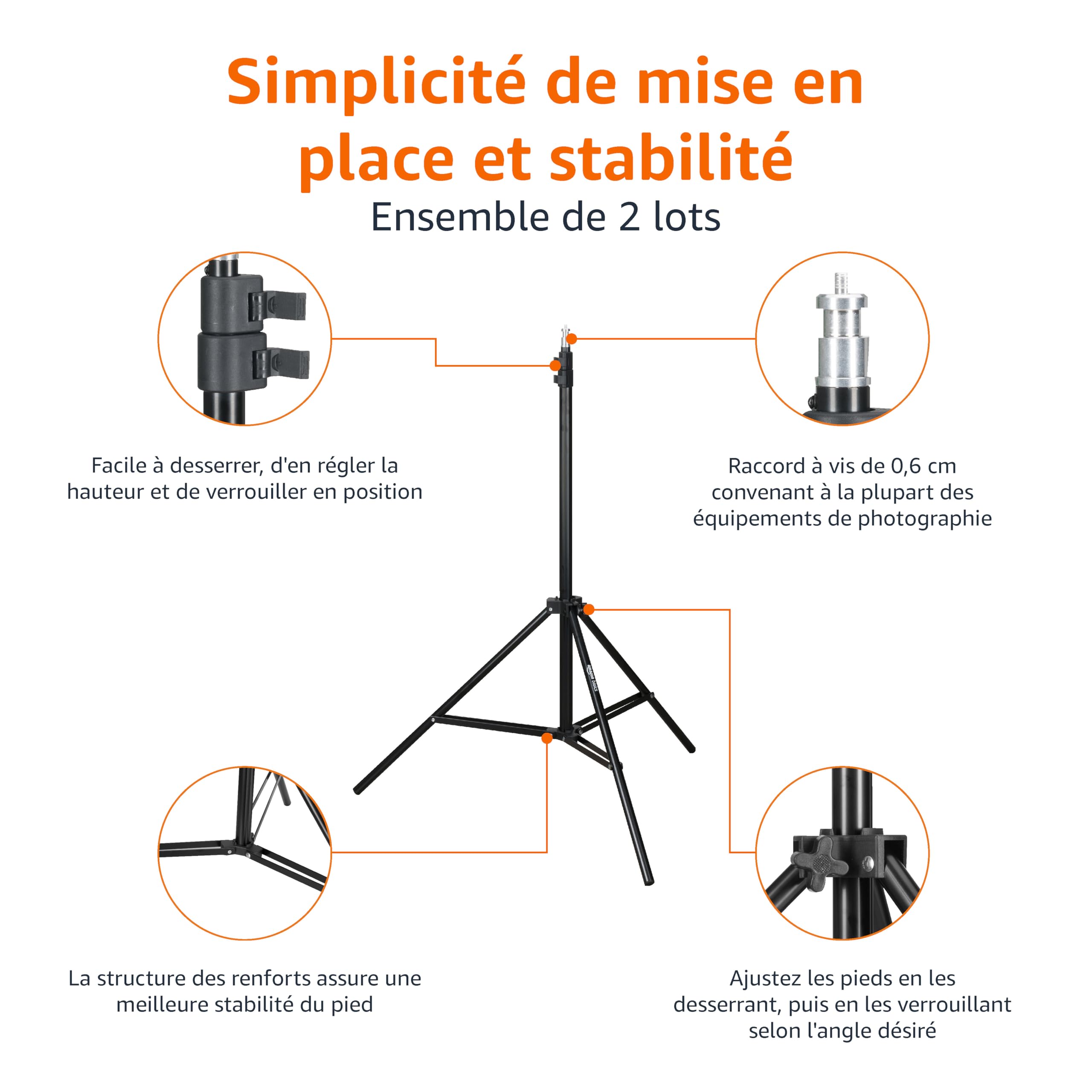 Amazon Basics 2x Support pour Éclairage en Aluminium de 2,04m avec Étui pour Studio et Photos en Extérieur, 821 g, Hauteur Réglable, Portable et Compact, Lot de 2 - Noir
