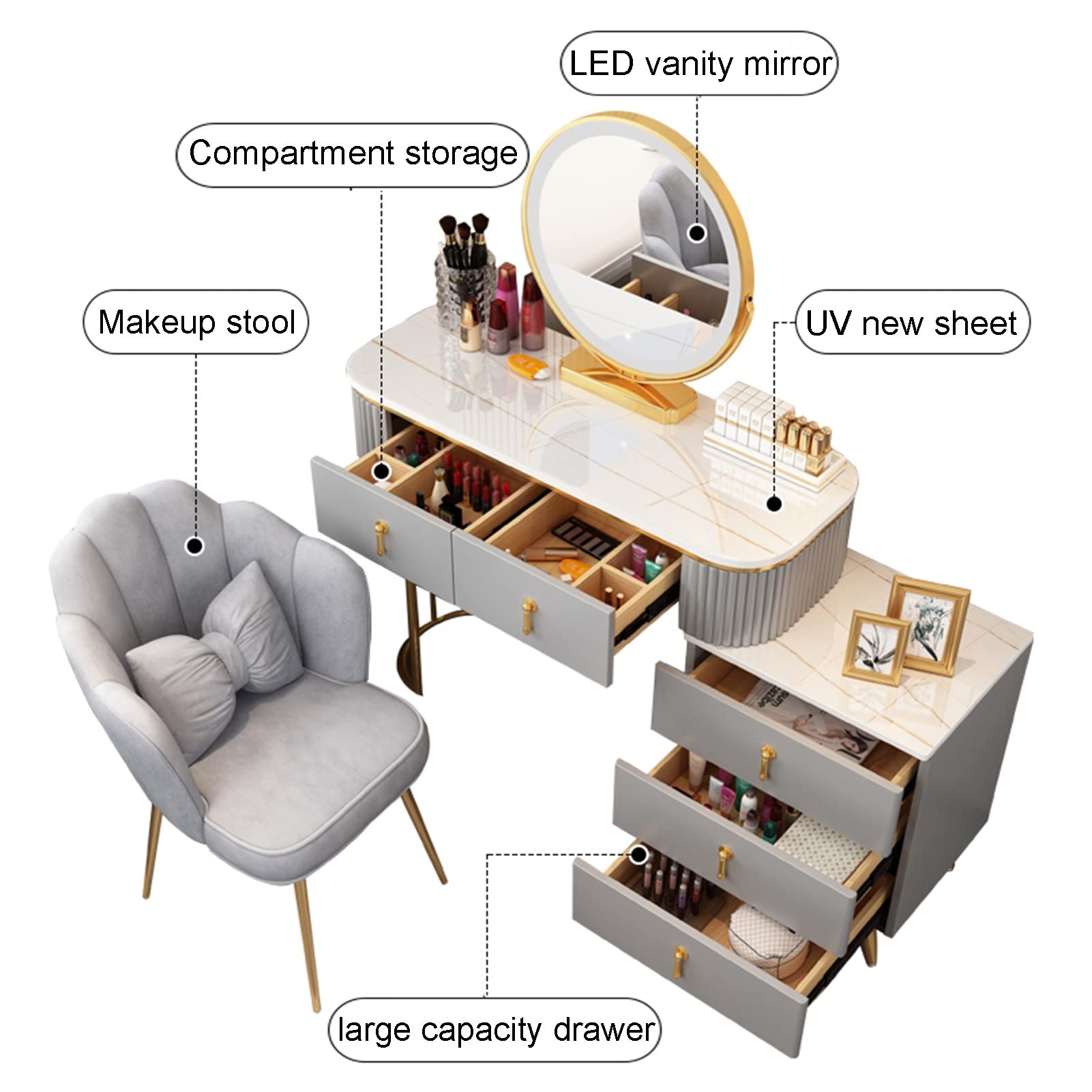 Toeletta Trucco Set Tavolo Da Toeletta E Sgabello Per Trucco Bianco, Tavolo Da Toeletta Moderno Per Camera Da Letto Con Specchio E 4 Cassetti, Specchio Con Luce A 3 Colori, Facile Da