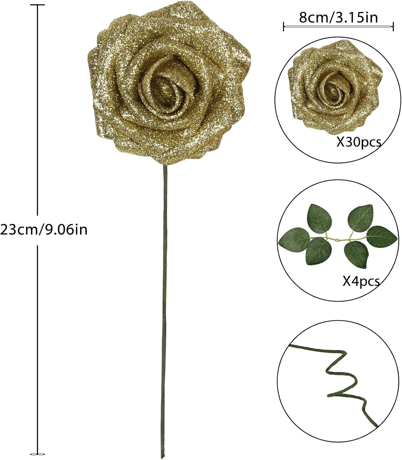 Gold Glitter Roses 30PCS 3.15" Artificial Roses with Stems for DIY Wreath Wedding Christmas Home Party Decor - Image 3