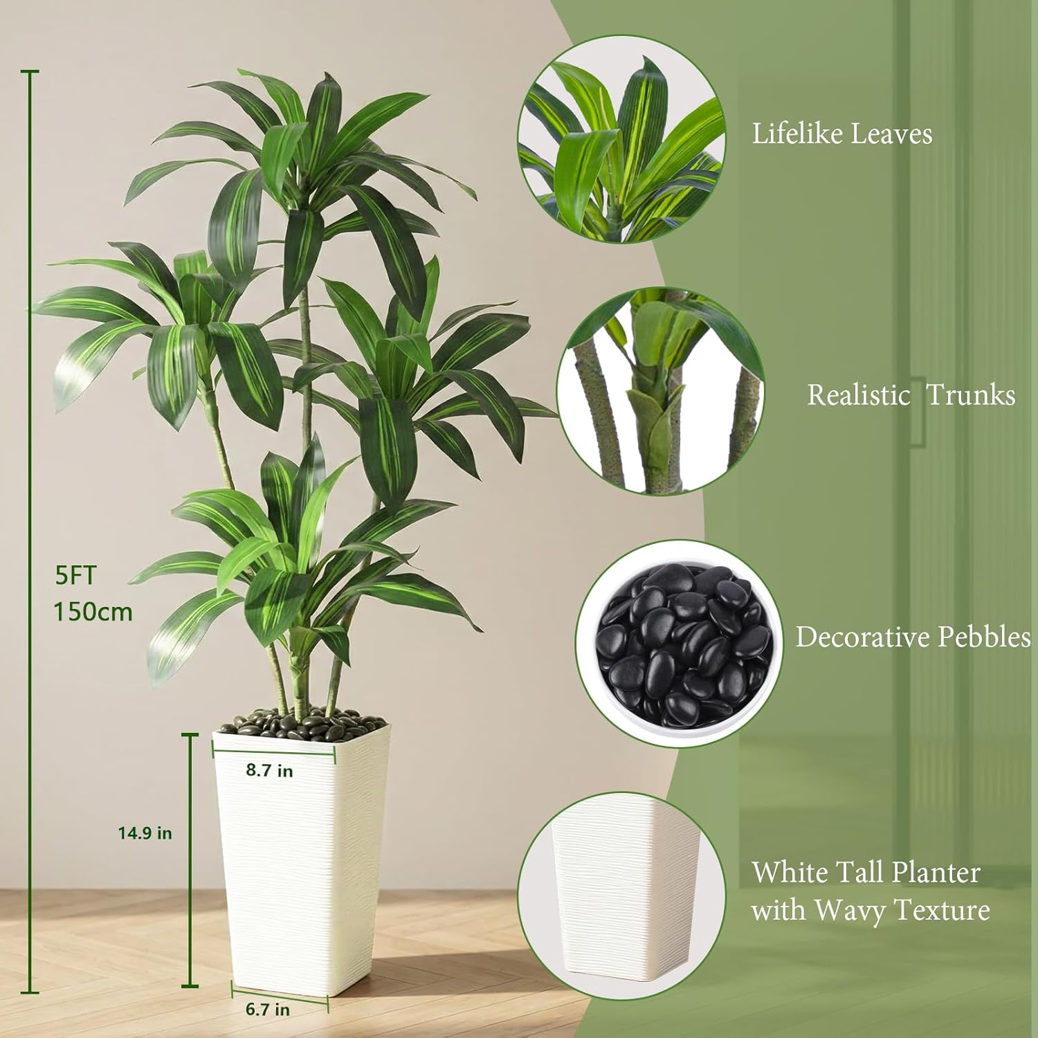 Artificial Dracaena Tree, 5FT Artificial Plants Indoor with White Tall Planter, Faux Yucca Silk Tree Fake Tropical Floor Plant in Pot, Fake Plants for Home House Room Office Entryway Porch Decor