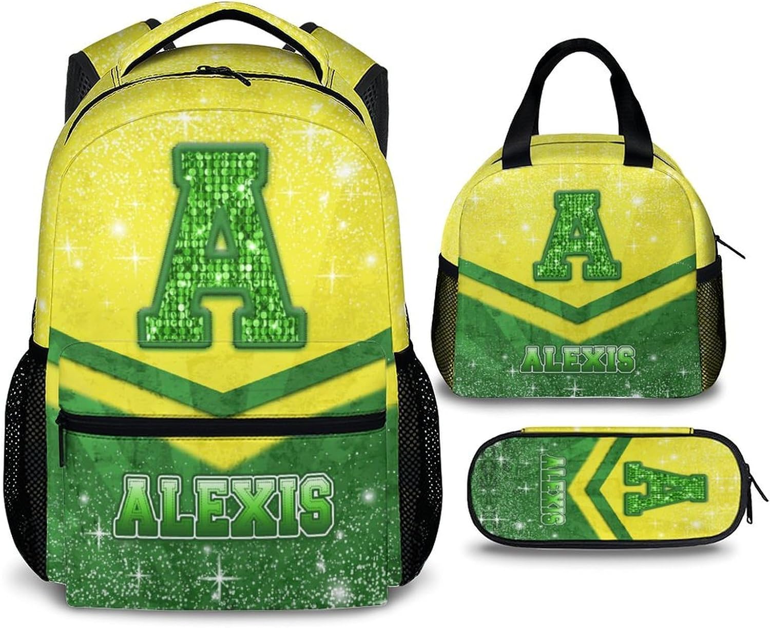 Cheer Backpack for Kids Preschool Elementary Kindergarten, Custom 3pcs Glitter Initial Name School Bag for Girls Boys, 17 Inch Green & Yellow Lightweight Cheer Daypack for School Travel Hiking