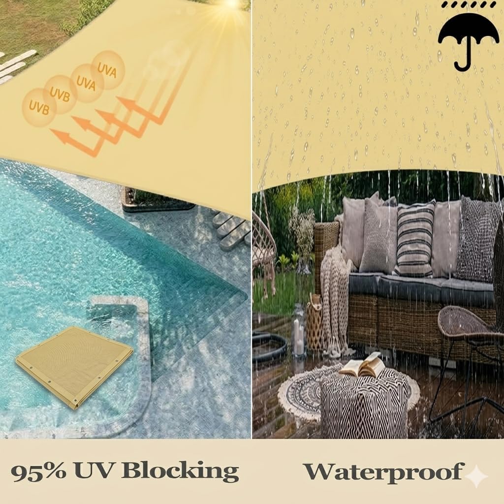 Sonnensegel 3.5x3.5m Sonnensegel Wasserdicht Rechteckig,Sonnenschutz Windschutz,Balkon Ohne Bohren Markise Markisenstoff 95% UV Schutz für Pergola Garten Balkon Terrasse, Beige
