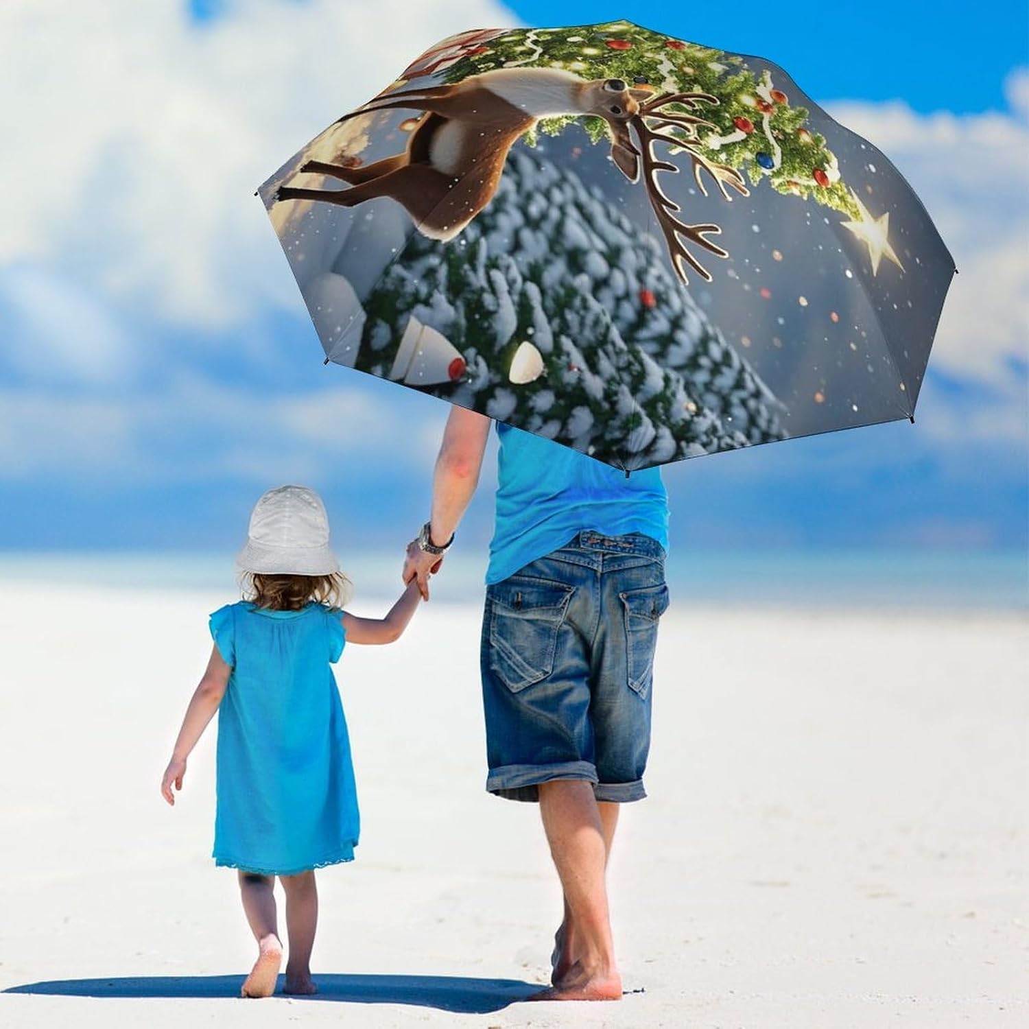 Christmas Tree And Reindeer Golf Umbrellas-2 Fold Automatic,Windproof Umbrella with Portable,Strong,Folding Umbrella for Women Men