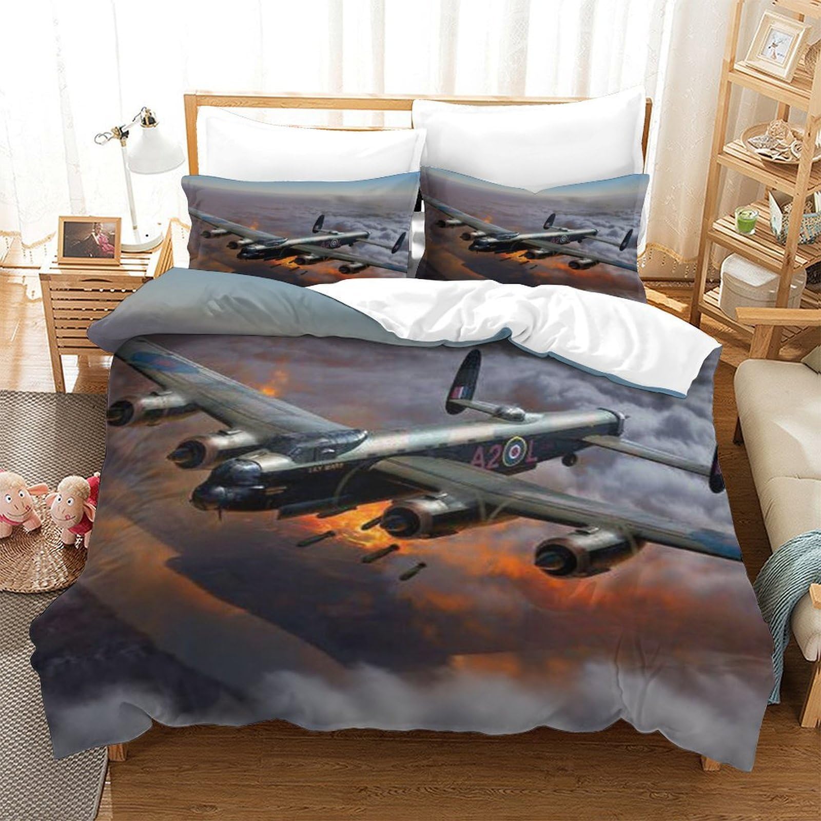 XiaopangXY Breathable Double（200x200cm） WW II Aircraft Quilt Cover Set With Hidden Zipper, Lancaster Bomber Duvet Cover Set with Pillowcases Bedding Set Soft Microfiber