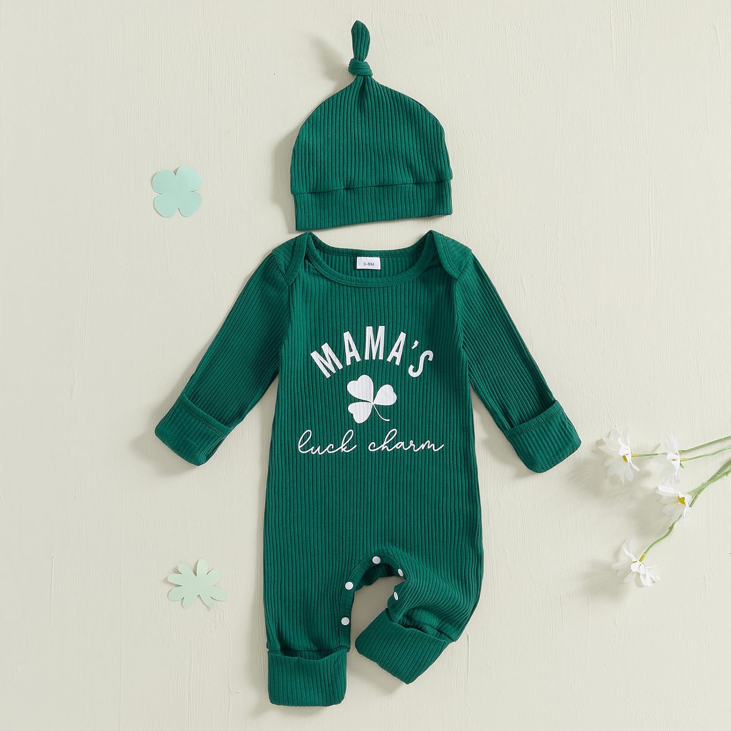 Newborn Infant Baby Boy St Patricks Day Outfit Knit Long Sleeve Romper + Hat Green Clover Baby Clothes Boy - Image 2