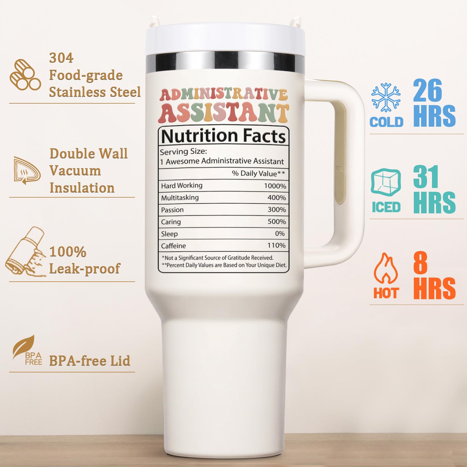 Lifecapido Administrative Professional Day Gifts, Administrative Assistant 40oz Tumbler with Handle, Administrative Assistant Gifts, Birthday Gift for Women Administrative Assistant, Creamy