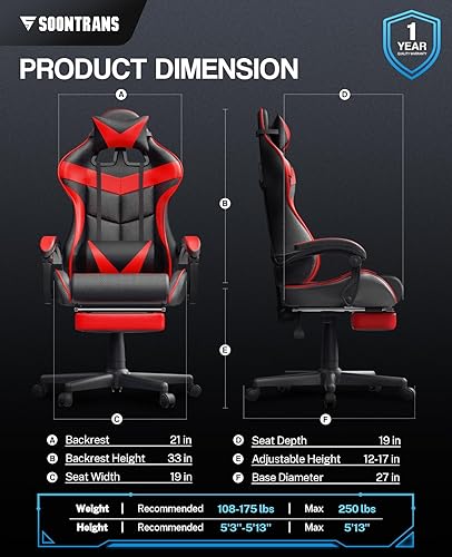 Miniatura 8 de SOONTRANS - Silla ergonómica de oficina en casa, para computadora, juegos de estilo competitivo, con reposapiés retráctil, altura de asiento