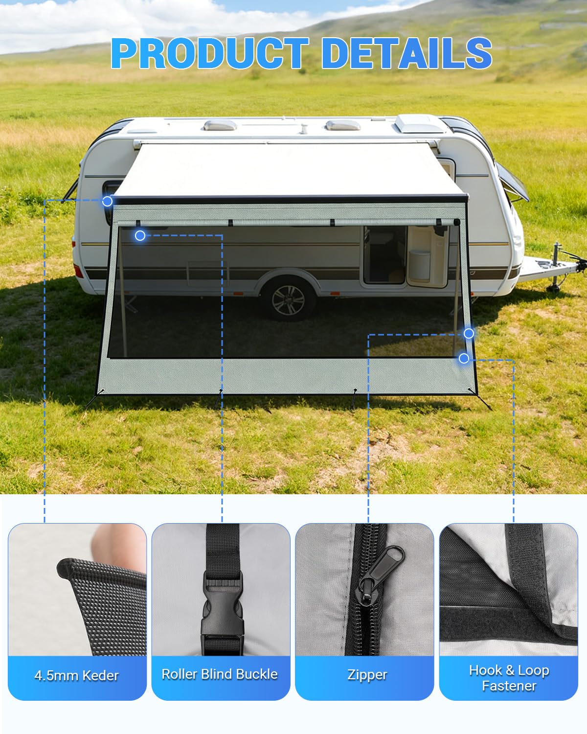SUPAREE 10.8' x 6.5'RV Shade Screen Caravan Awning Zip Campervan Sun Shade Awning Double Layer with Zipper Privacy Panel Summer UV Sun Blocker for Caravan Camping Travel — view 5