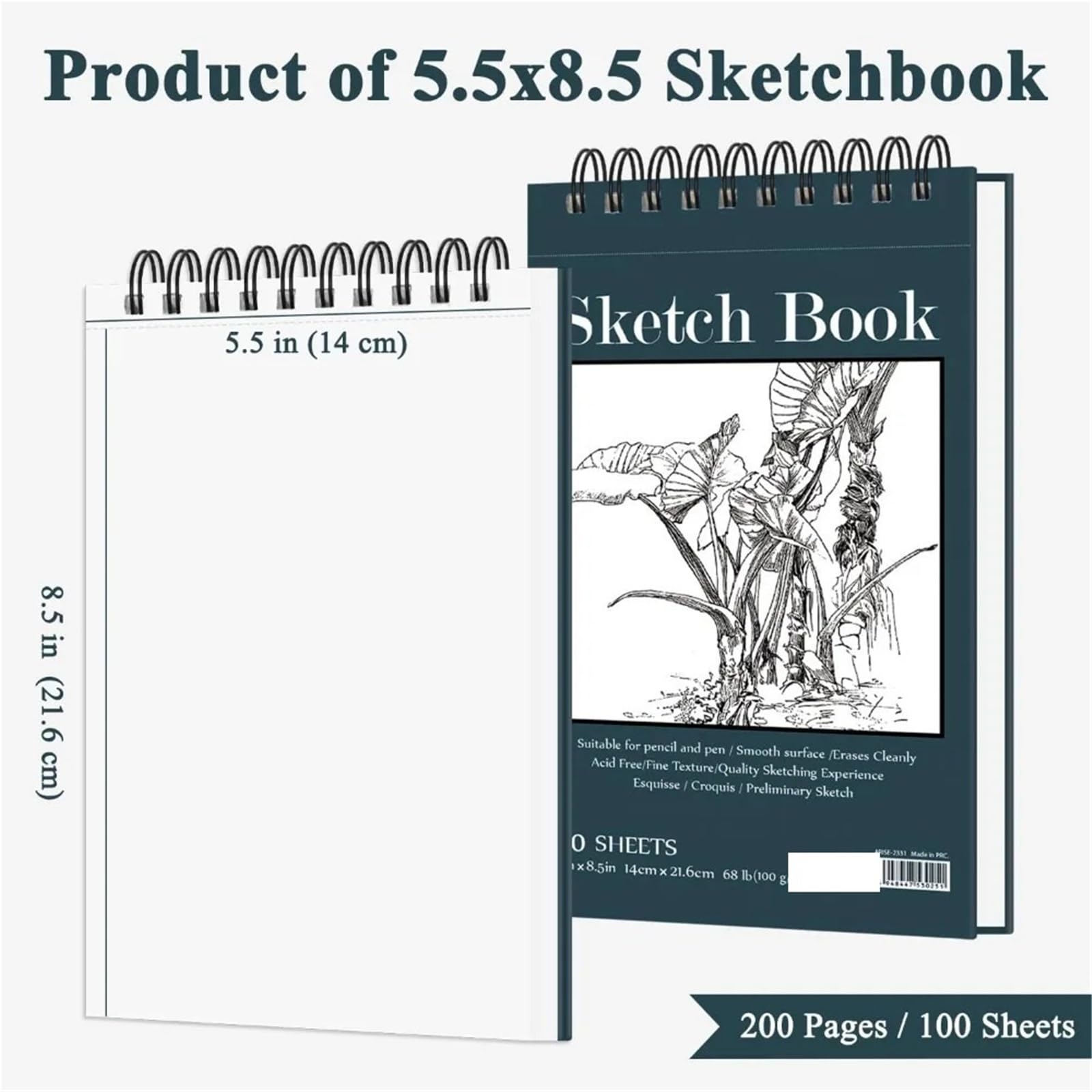 Bloc De Dibujo Con Espiral Cuaderno de bocetos pequeño de 5,5 x 8,5 pulgadas, paquete de 2 cuadernos de bocetos con espiral superior, tapa dura, 100 hojas cada una, 100 g/m2