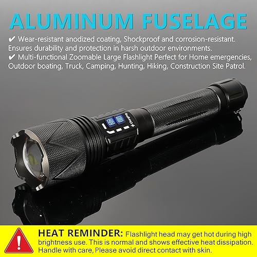 Miniatura 8 de Linterna recargable de 10,000 lúmenes altos, 70 W XHP360 LED súper brillantes luces tácticas con zoom y salida USB, linterna impermeable de gran