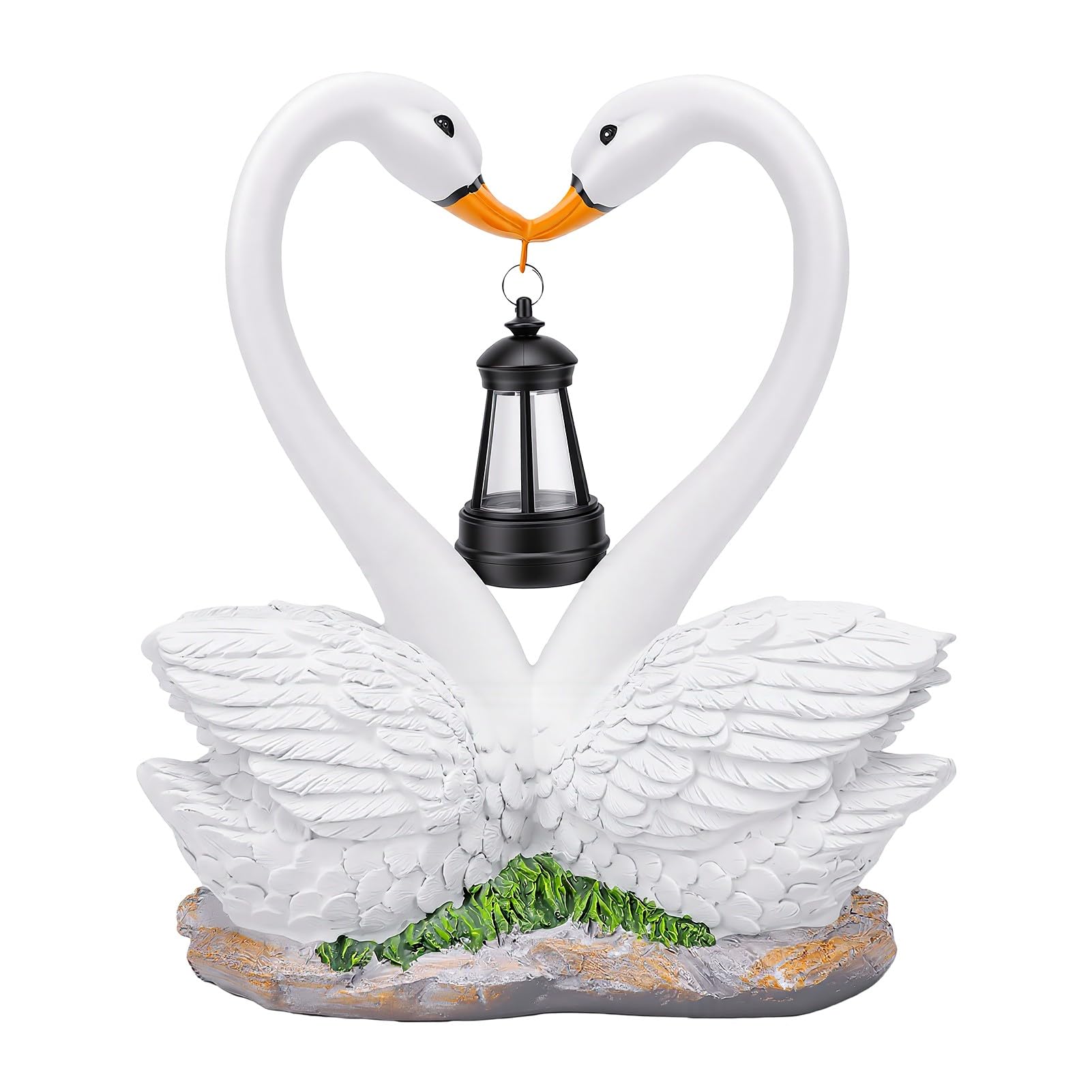 Statua da giardino a forma di cigno solare con lanterna sospesa, romantica coppia di cigni in resina, scultura impermeabile per esterni, decorazione per cortile, prato, patio